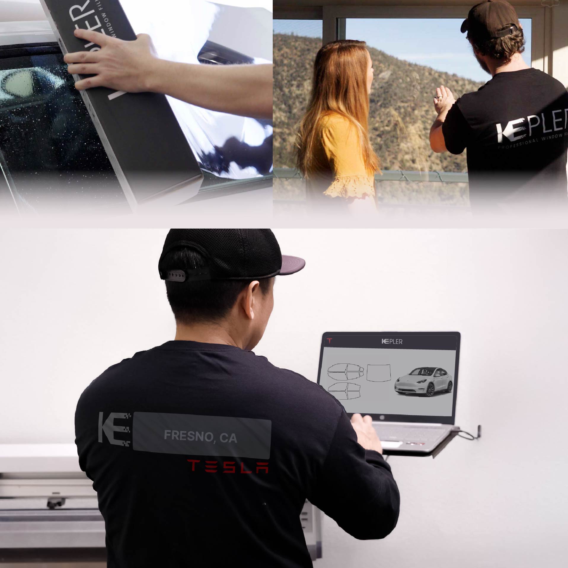 Kepler Technician Installing High-tech Window Tint to Tesla in Fresno