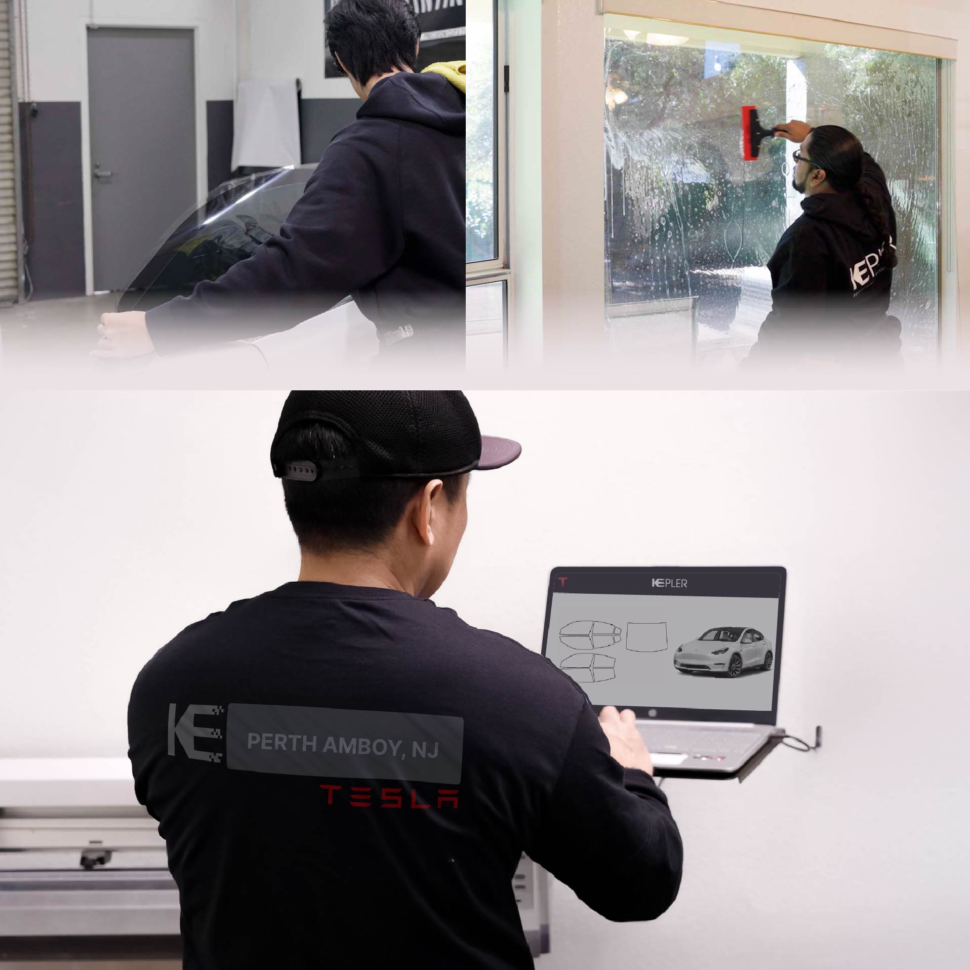 Expert Technician Fitting High-tech Window Tint to Tesla in Perth Amboy