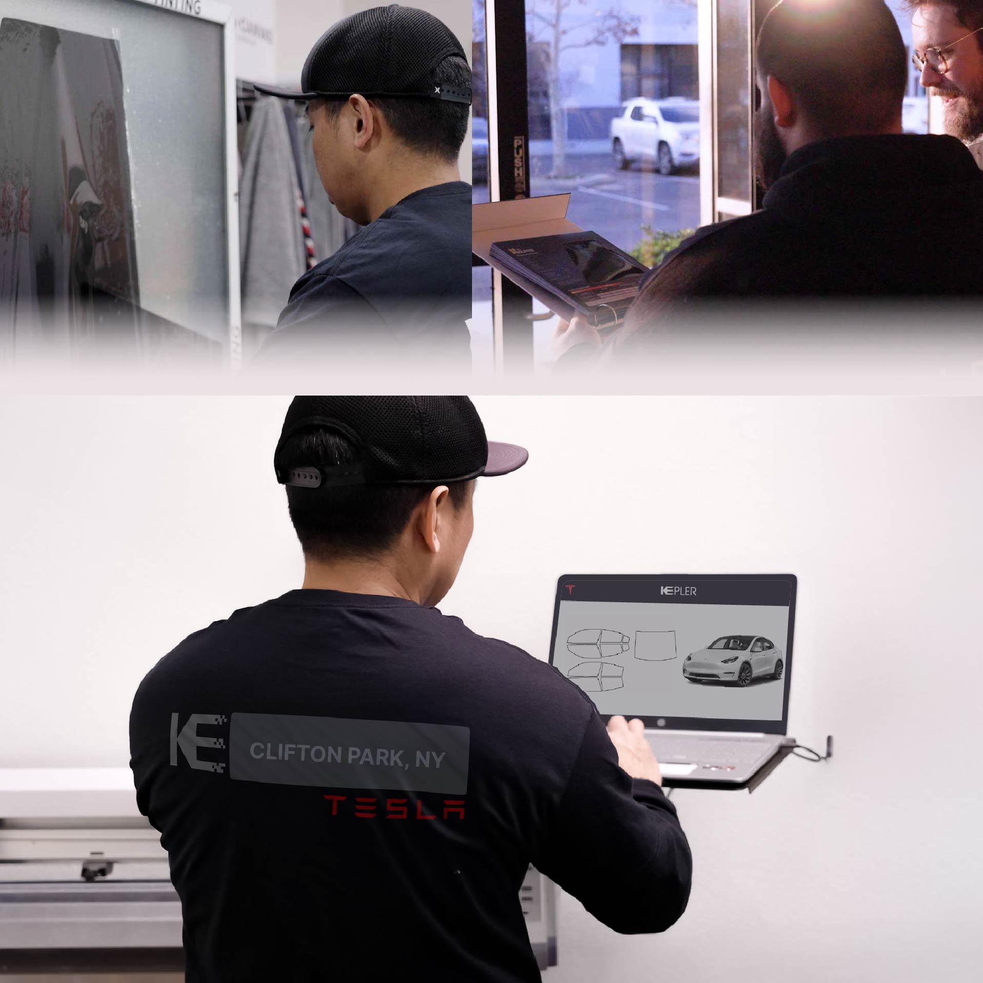 Kepler Technician Installing High-tech Window Tint to Tesla in Clifton Park