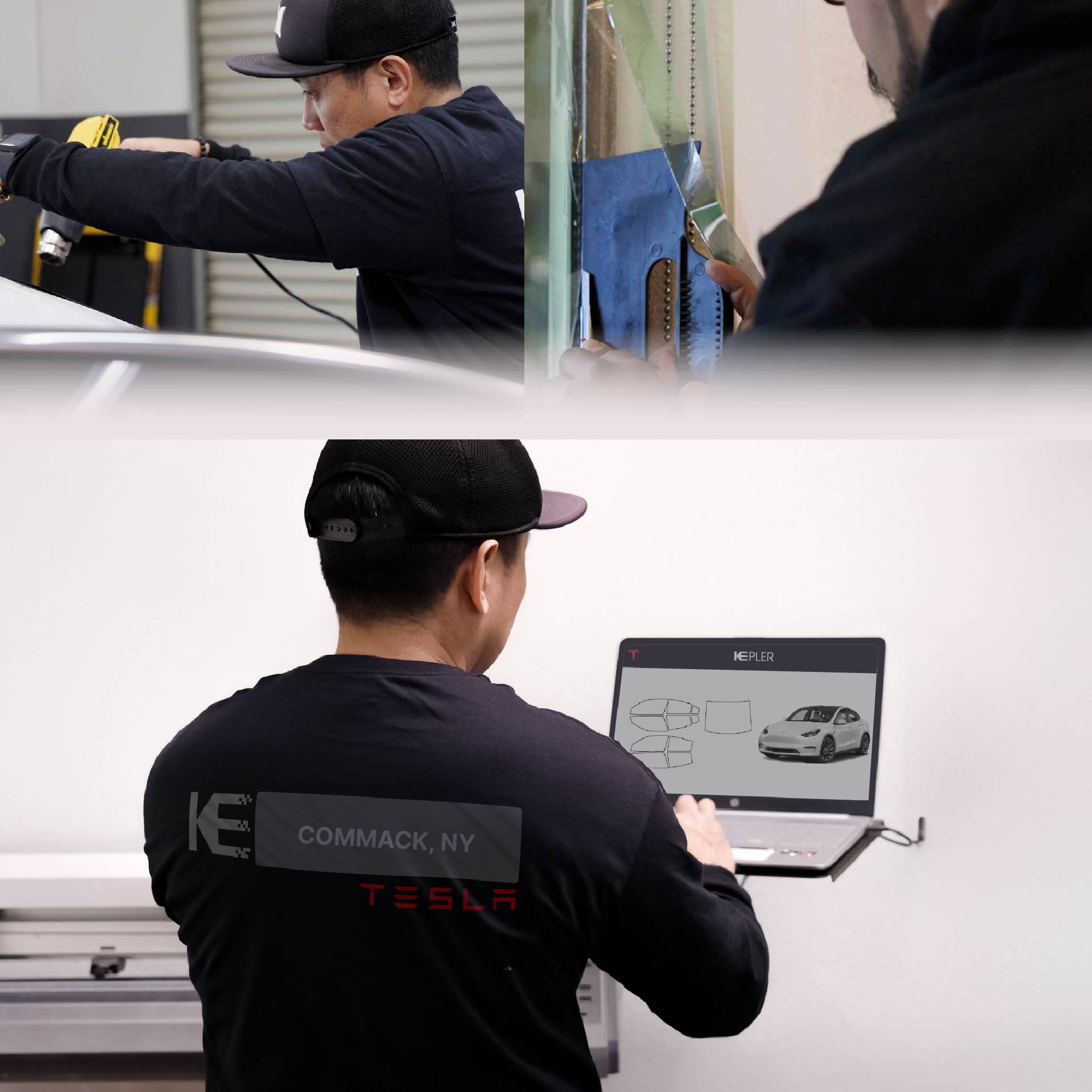 Kepler Technician Applying Ceramic Window Tint to Tesla in Commack