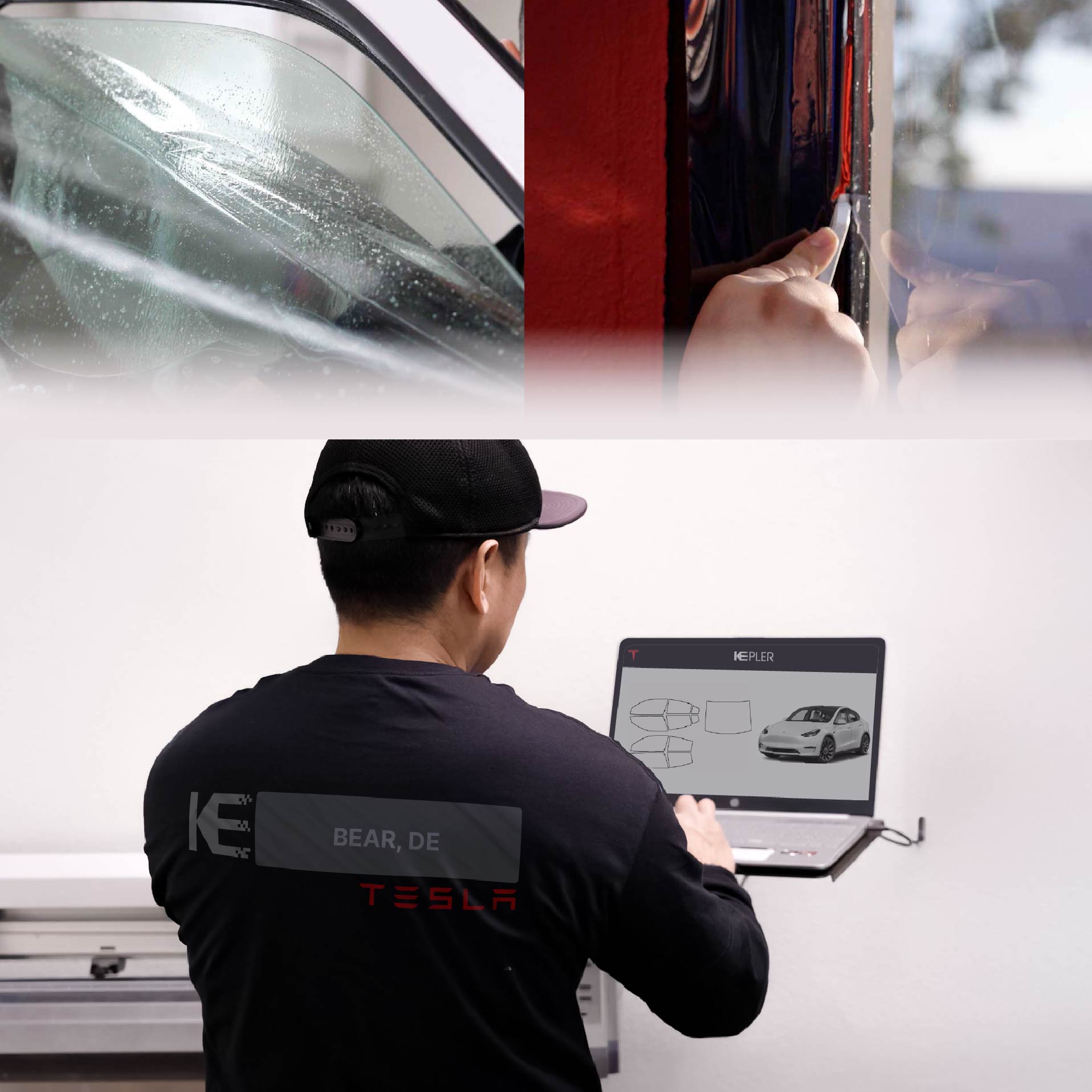 Kepler Technician Applying Advanced Window Tint to Tesla in Bear