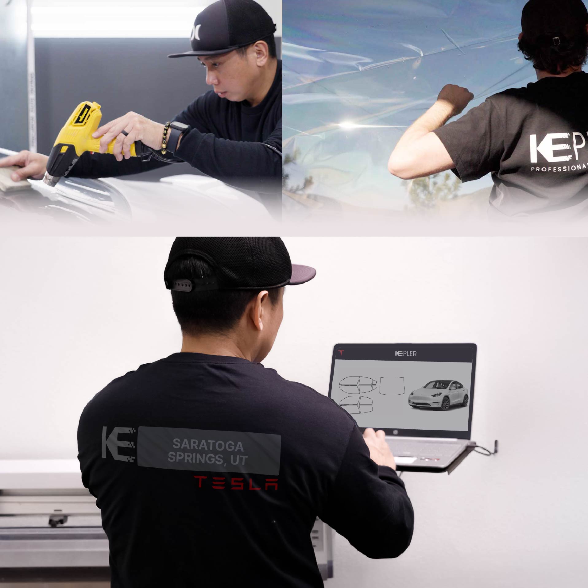Expert Technician Fitting High-tech Window Tint to Tesla in Saratoga Springs