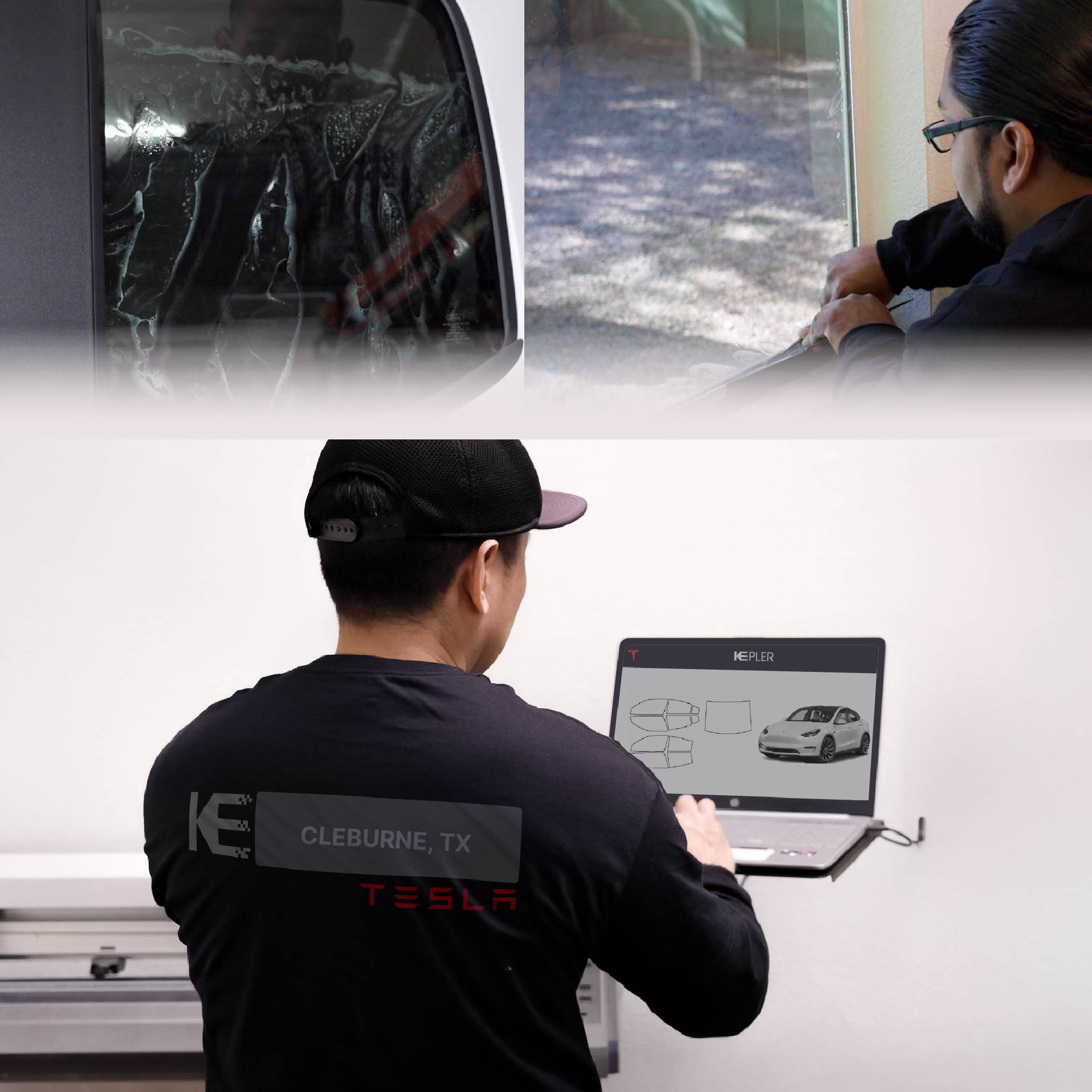 Kepler Technician Installing Ceramic Window Tint to Tesla in Cleburne