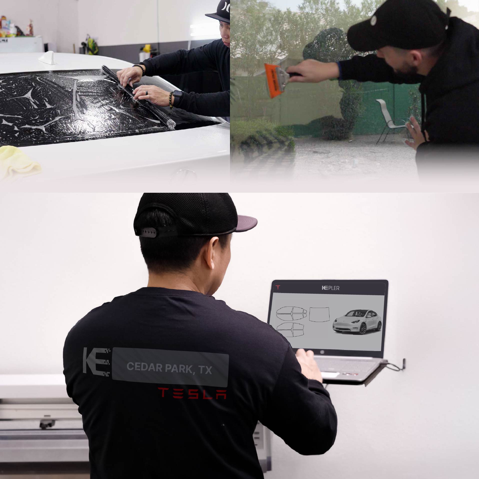 Expert Technician Applying Ceramic Window Tint to Tesla in Cedar Park