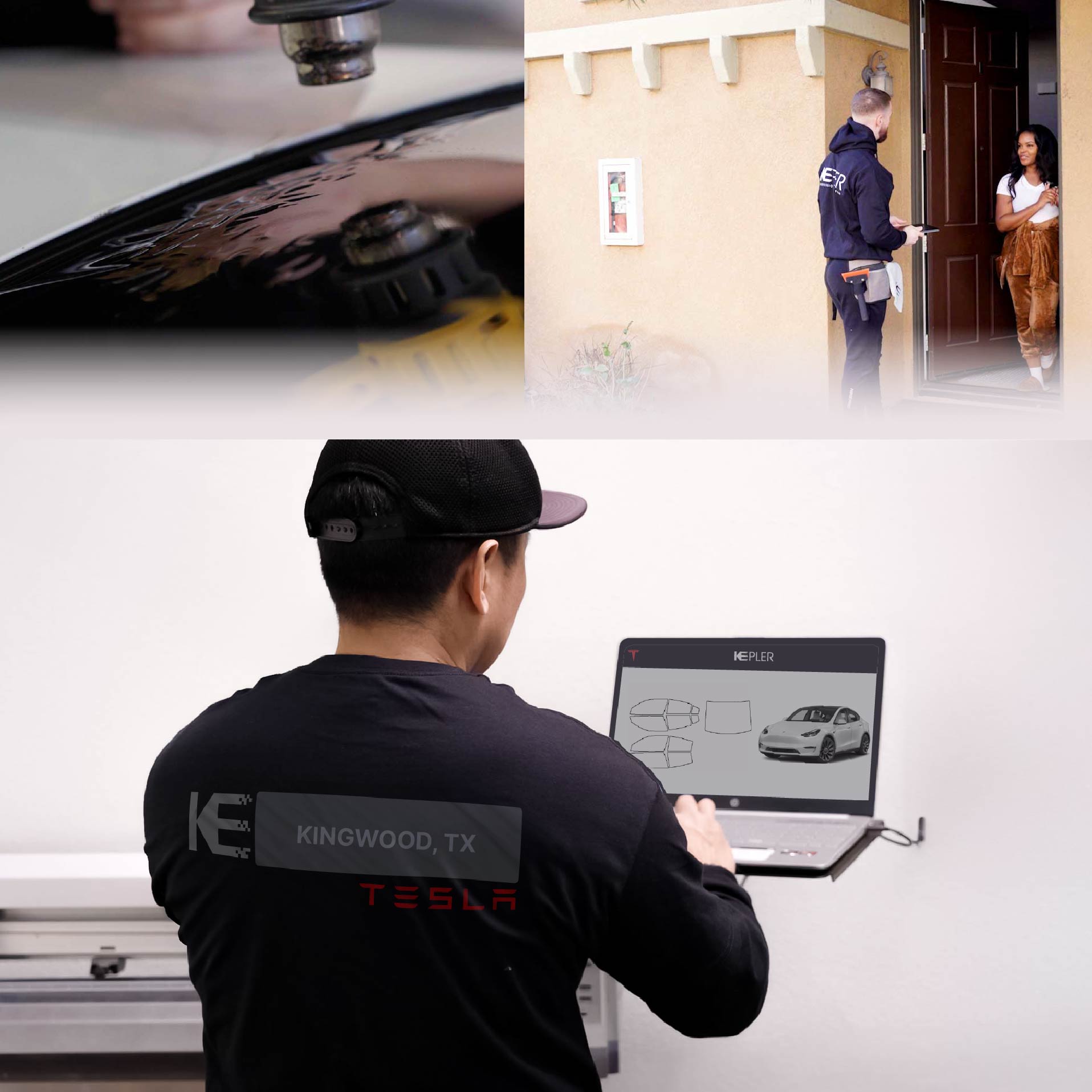 Expert Technician Installing Advanced Window Tint to Tesla in Kingwood