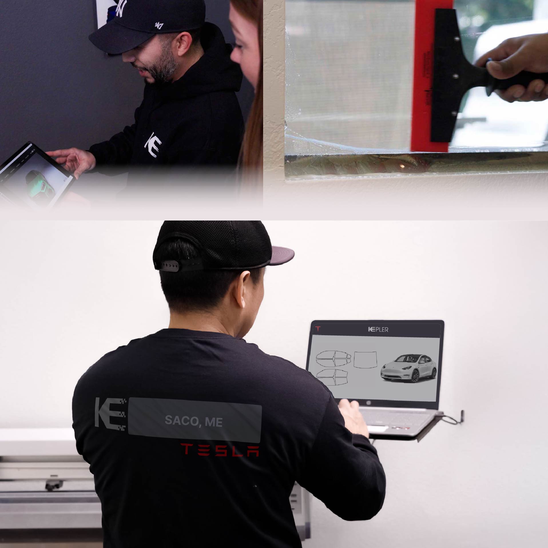 Kepler Technician Installing High-tech Window Tint to Tesla in Saco