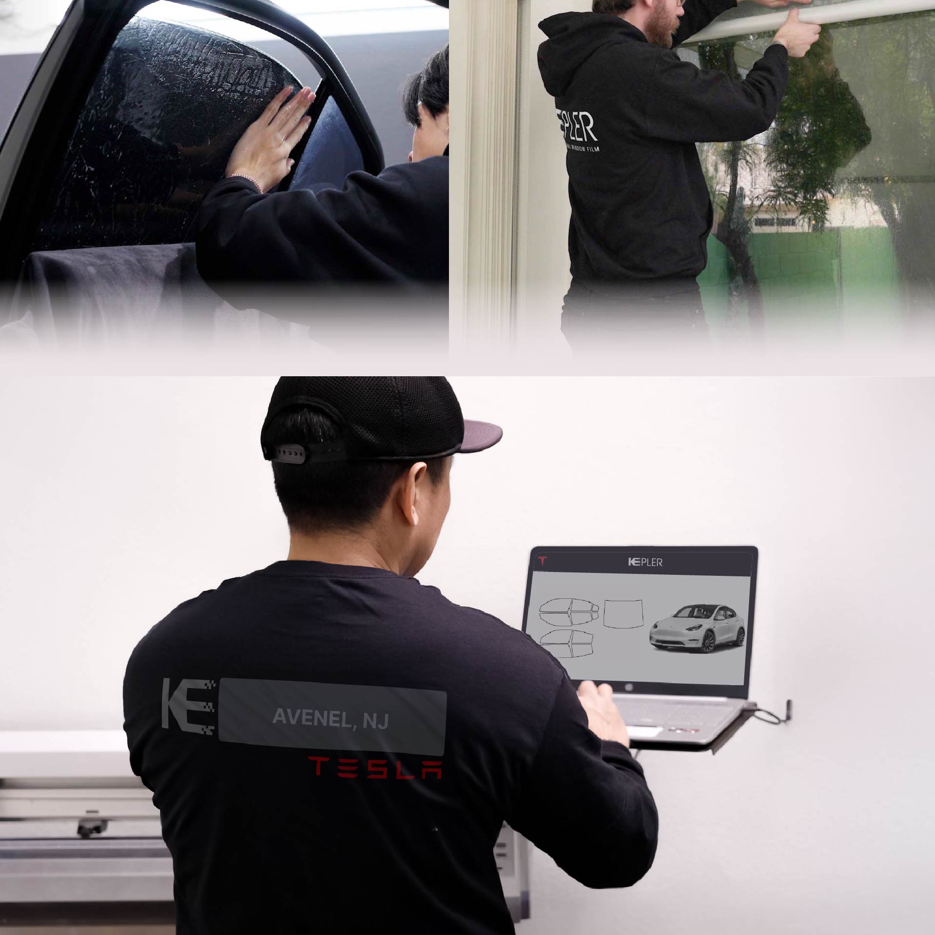 Expert Technician Applying High-tech Window Tint to Tesla in Avenel