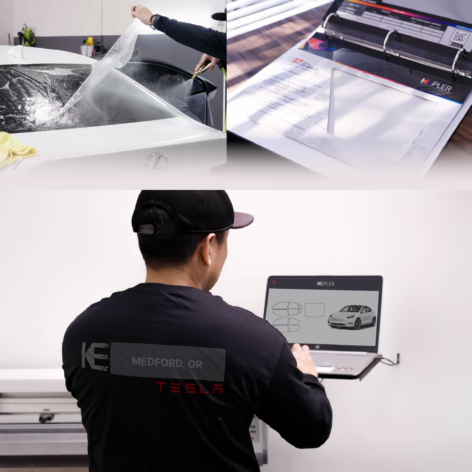 Kepler Technician Fitting Advanced Window Tint to Tesla in Medford