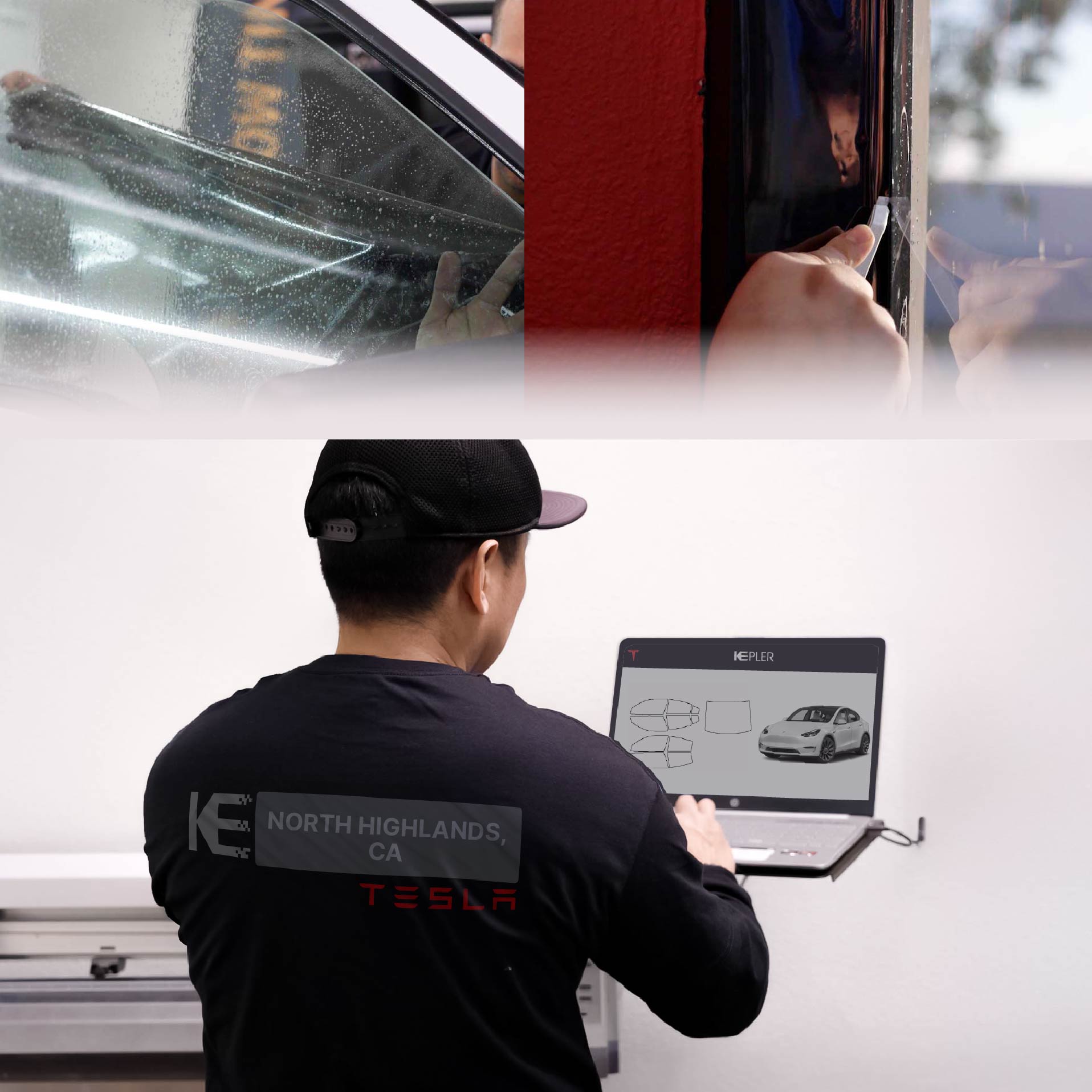 Expert Technician Applying Advanced Window Tint to Tesla in North Highlands
