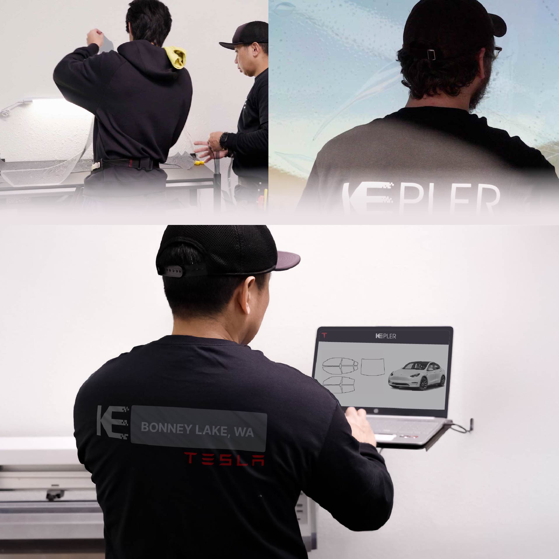 Kepler Technician Applying Ceramic Window Tint to Tesla in Bonney Lake