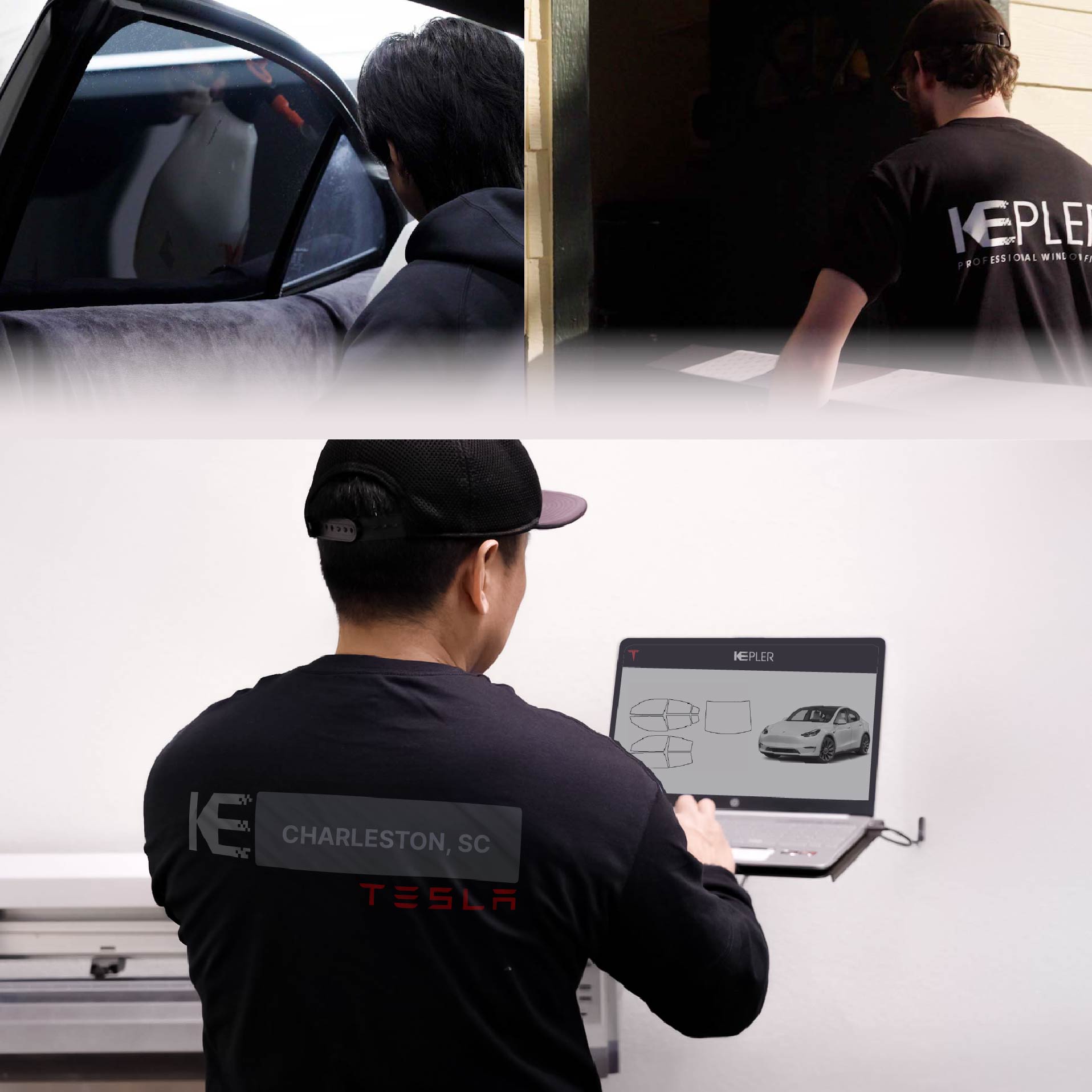 Expert Technician Applying Ceramic Window Tint to Tesla in Charleston