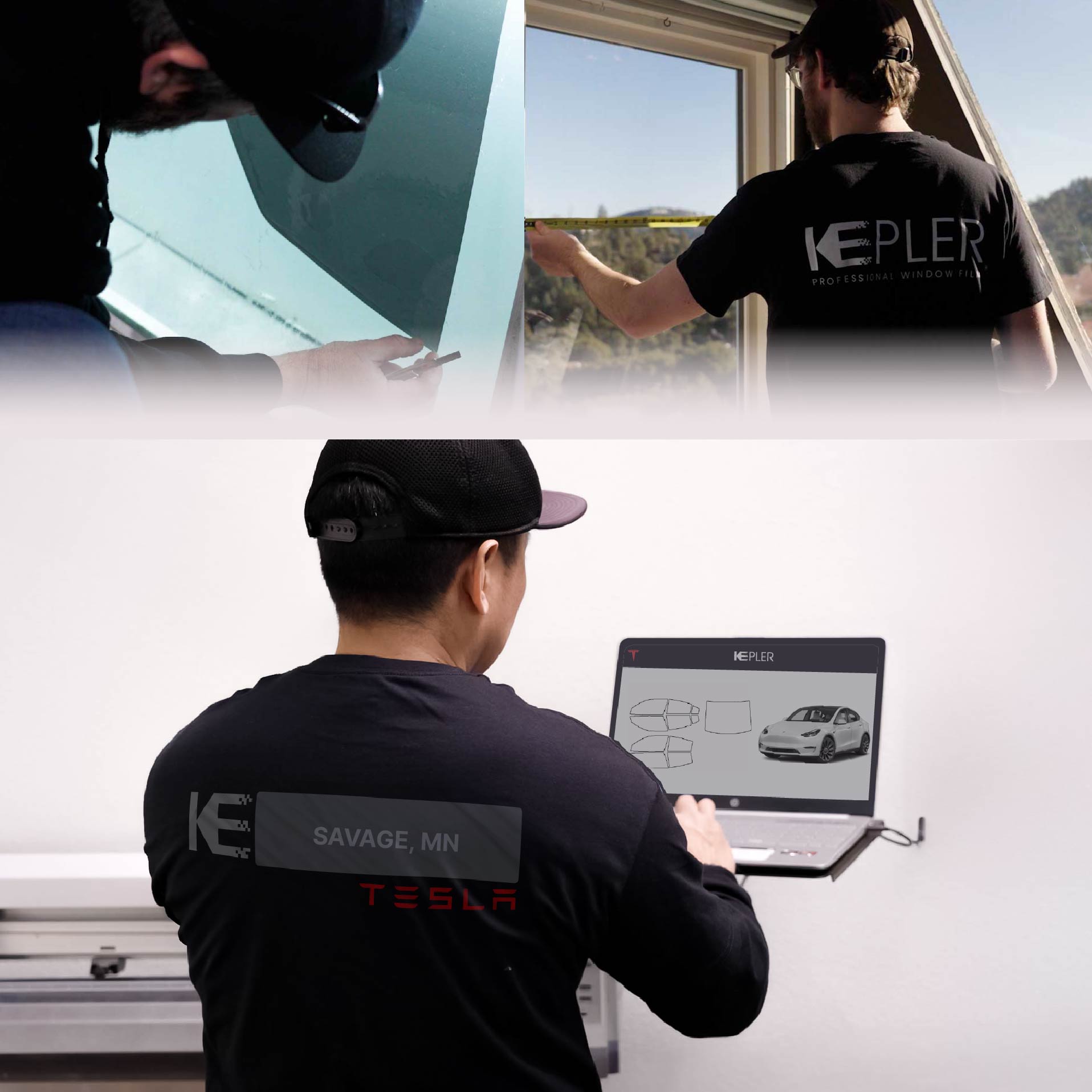Kepler Technician Applying Advanced Window Tint to Tesla in Savage