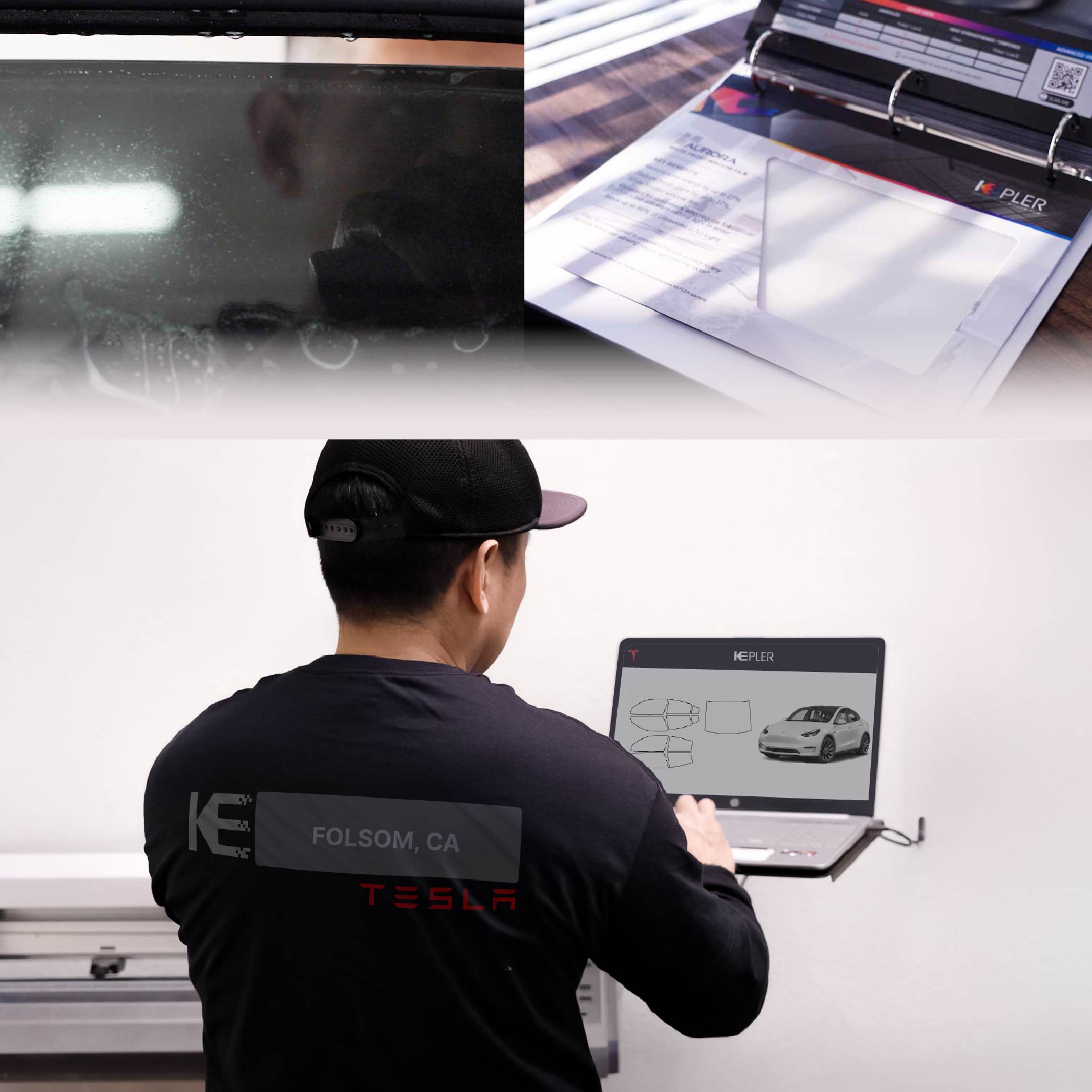 Kepler Technician Installing Ceramic Window Tint to Tesla in Folsom