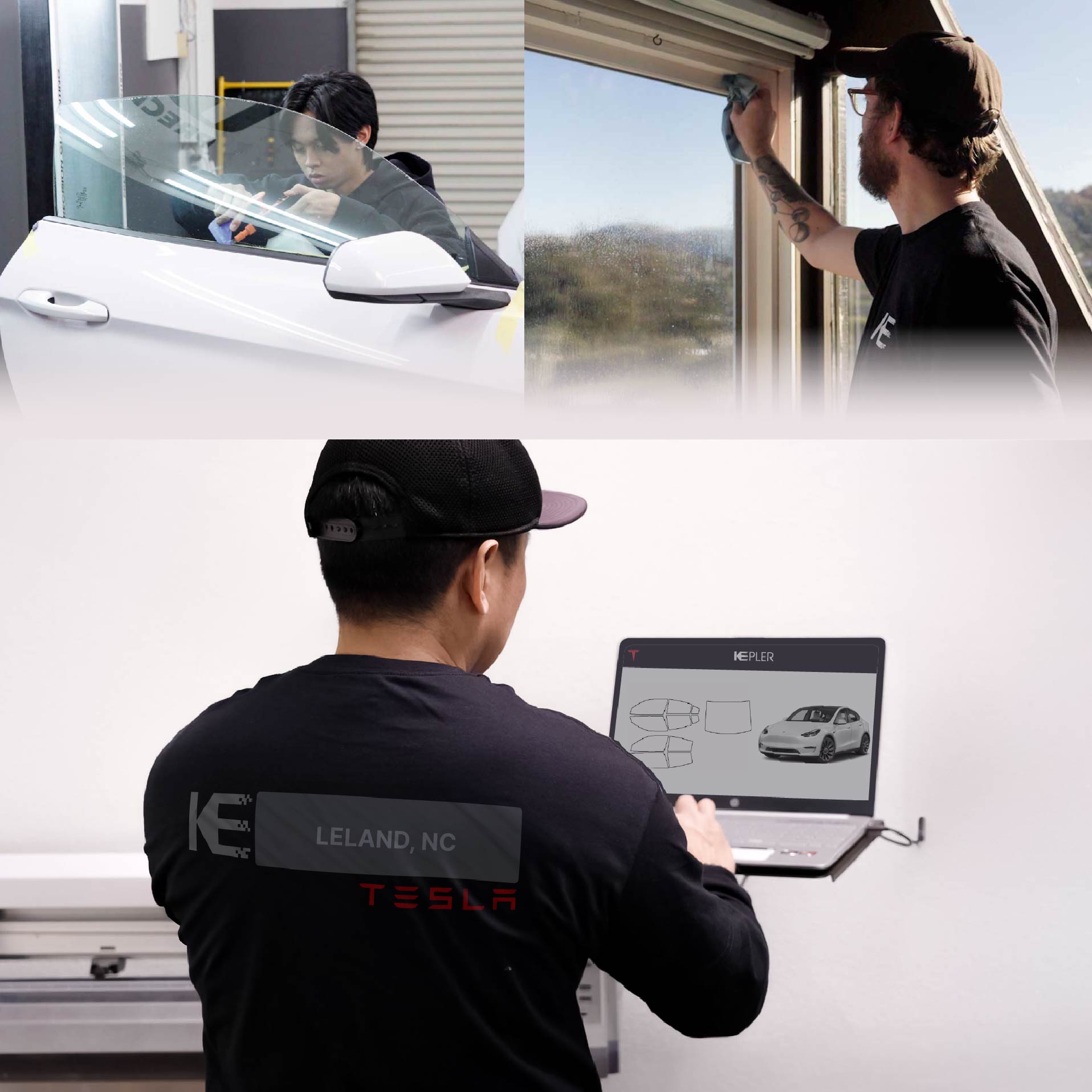 Kepler Technician Fitting Ceramic Window Tint to Tesla in Leland