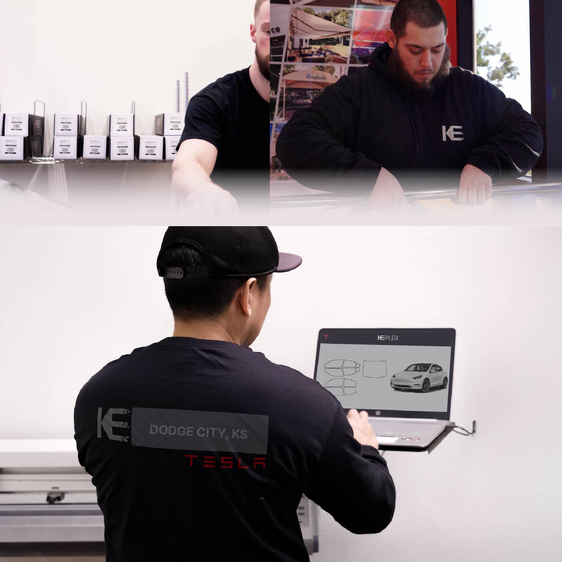 Expert Technician Applying High-tech Window Tint to Tesla in Dodge City