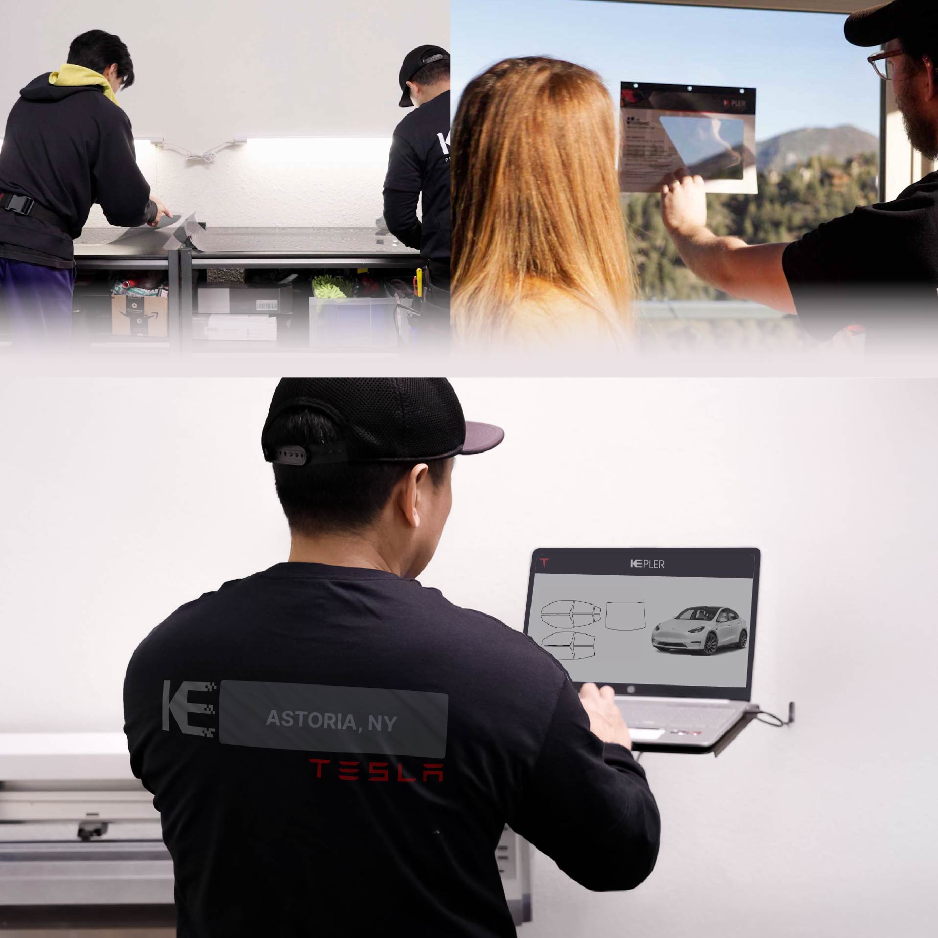 Expert Technician Fitting Advanced Window Tint to Tesla in Astoria