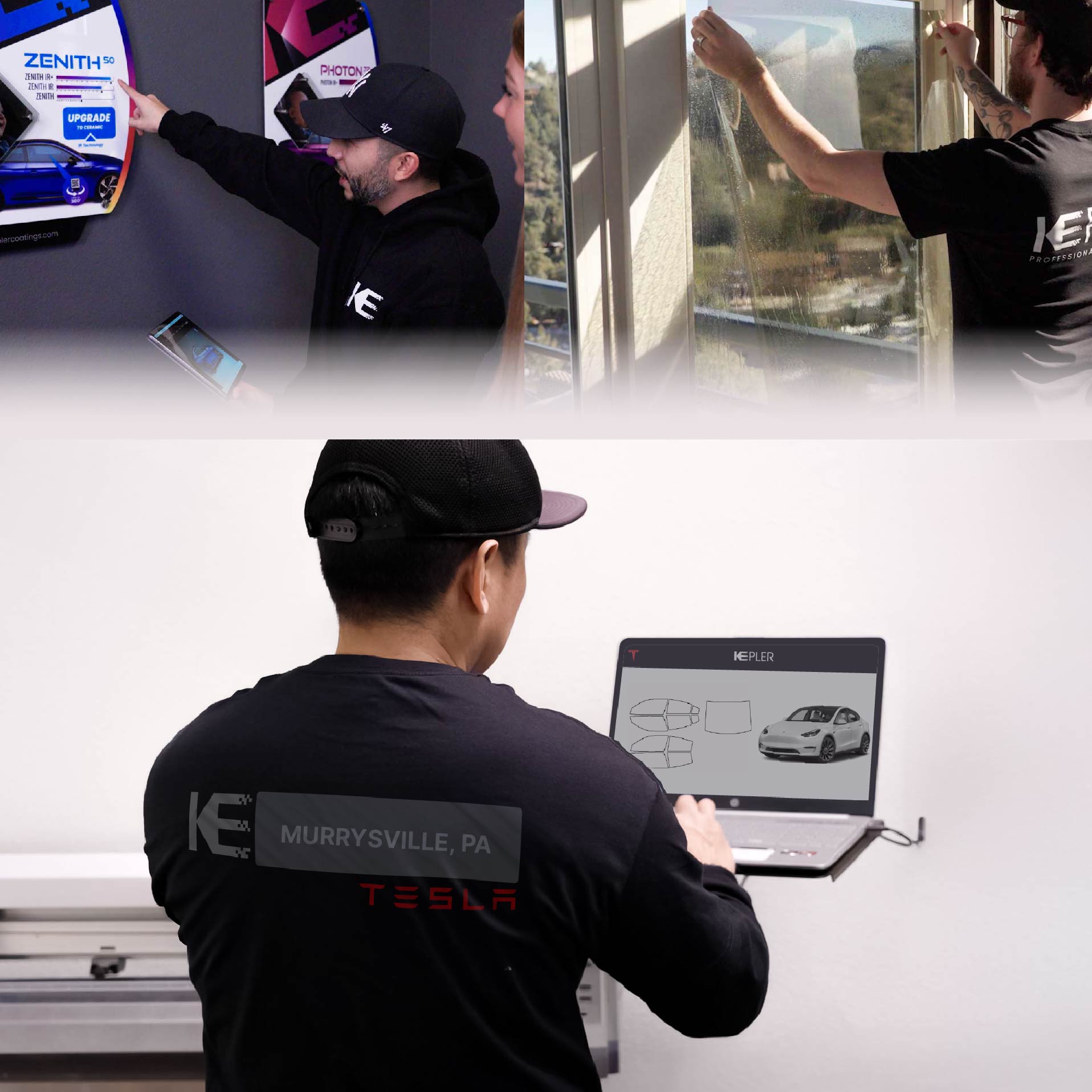 Expert Technician Applying High-tech Window Tint to Tesla in Murrysville