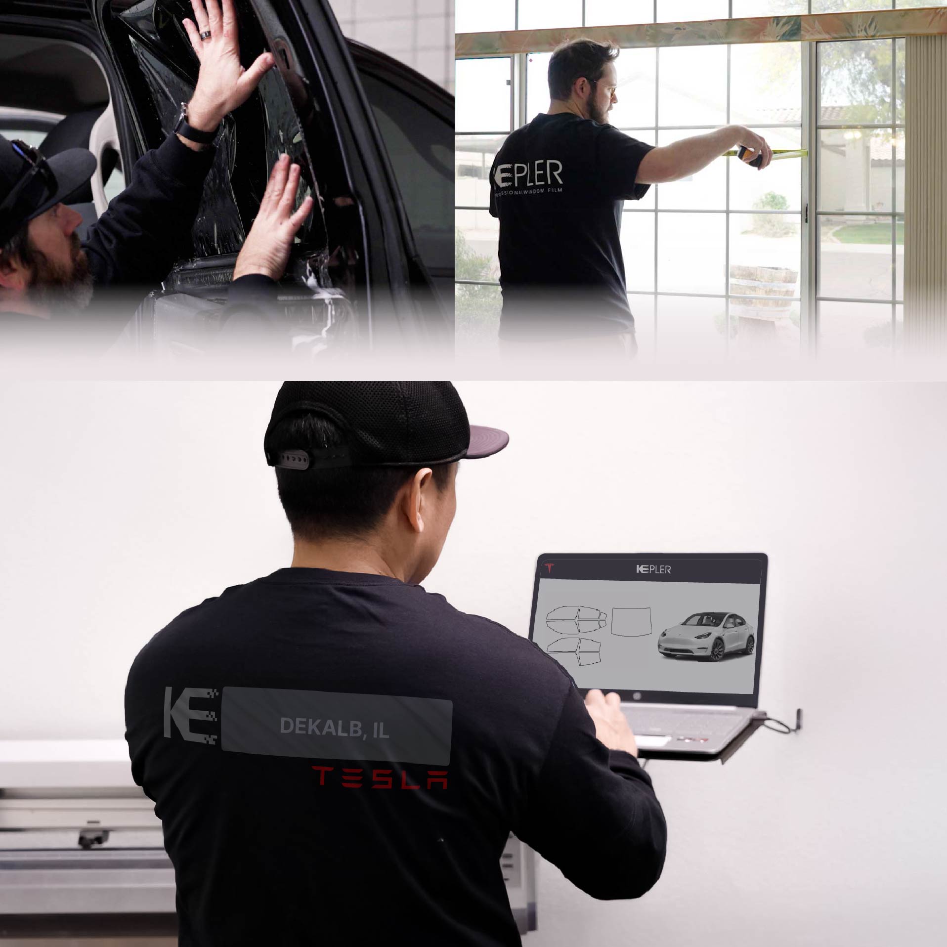 Expert Technician Applying Advanced Window Tint to Tesla in DeKalb