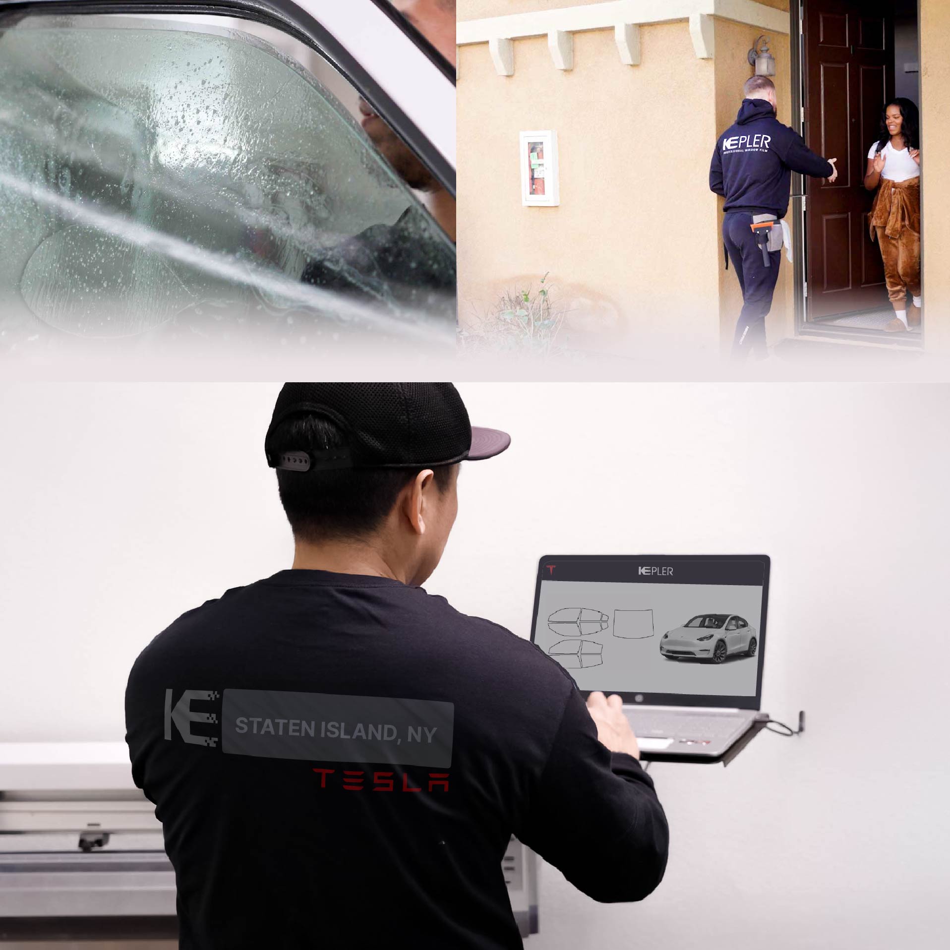 Expert Technician Applying Advanced Window Tint to Tesla in Staten Island