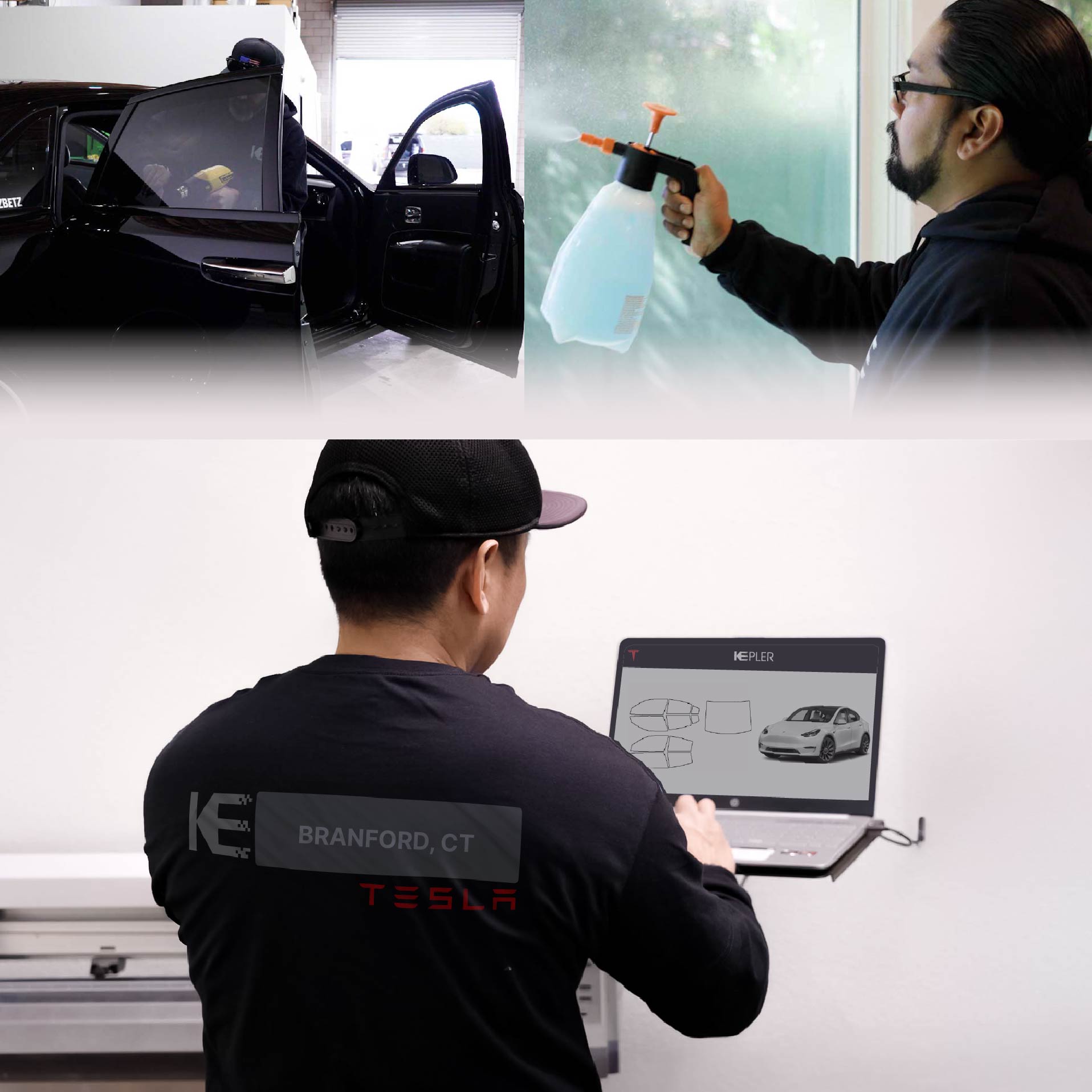 Kepler Technician Installing High-tech Window Tint to Tesla in Branford