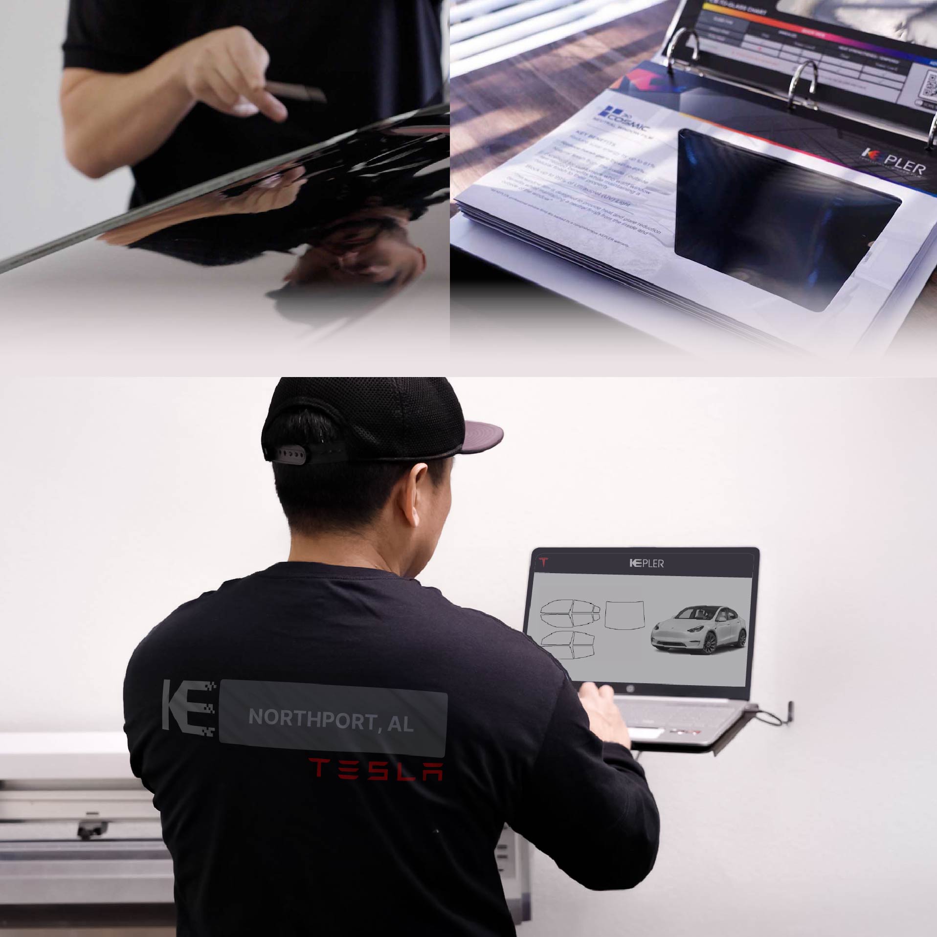 Kepler Technician Installing High-tech Window Tint to Tesla in Northport