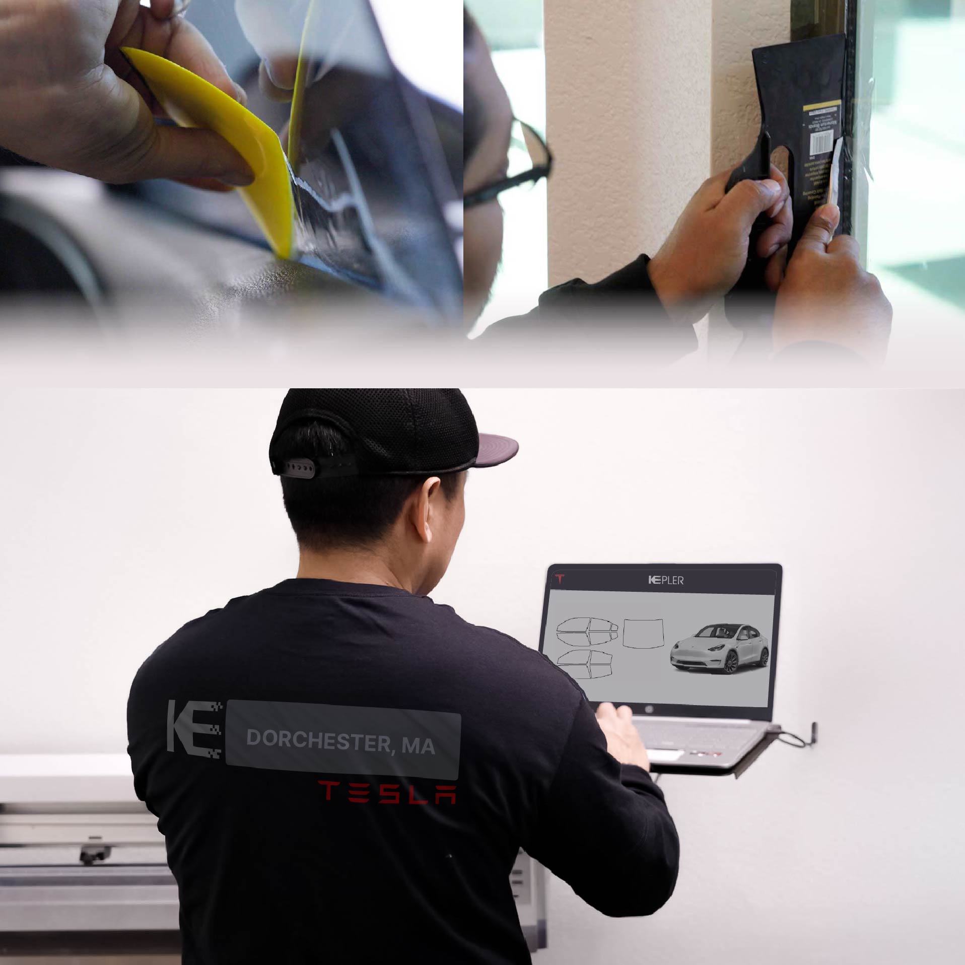 Kepler Technician Applying Ceramic Window Tint to Tesla in Dorchester