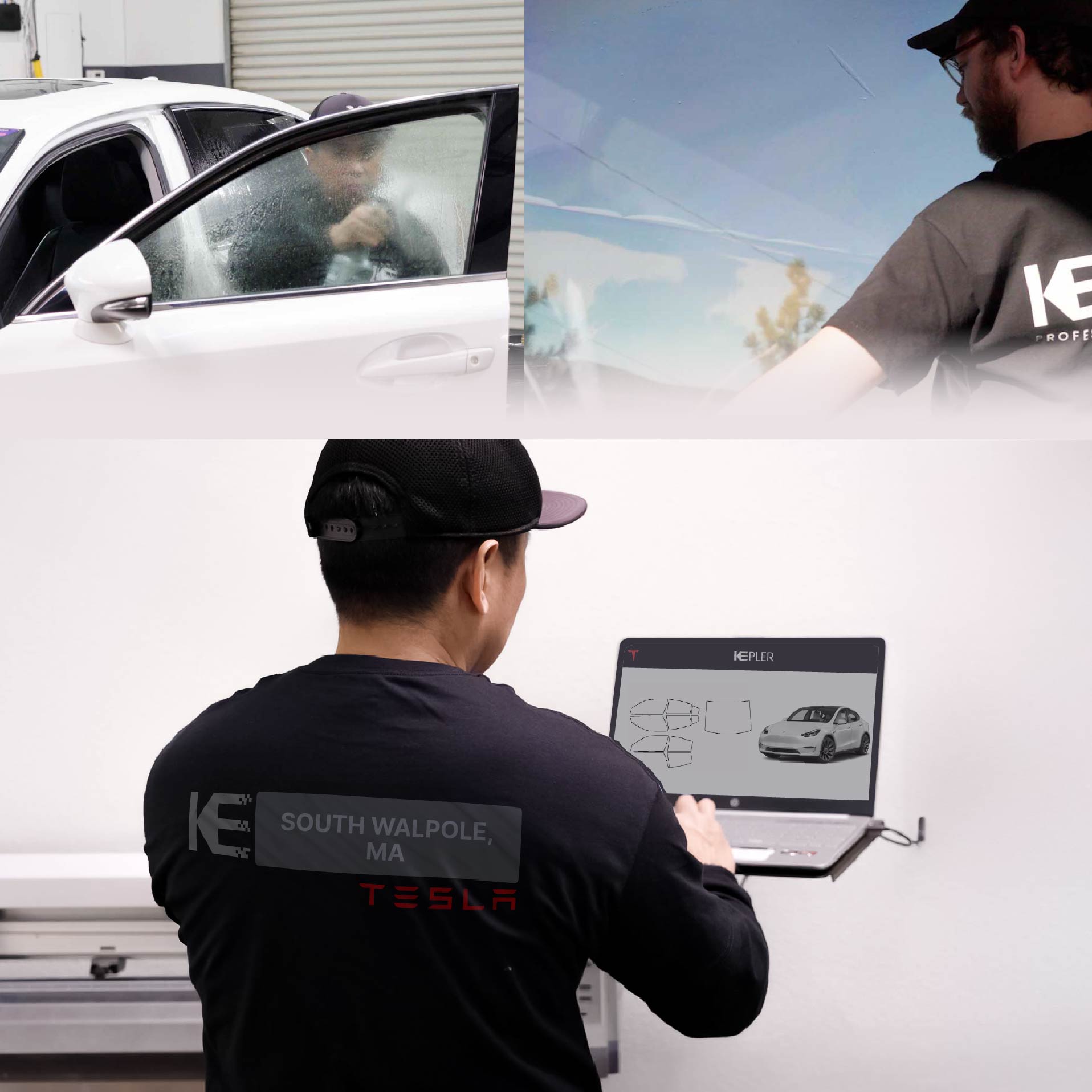 Kepler Technician Installing Advanced Window Tint to Tesla in South Walpole