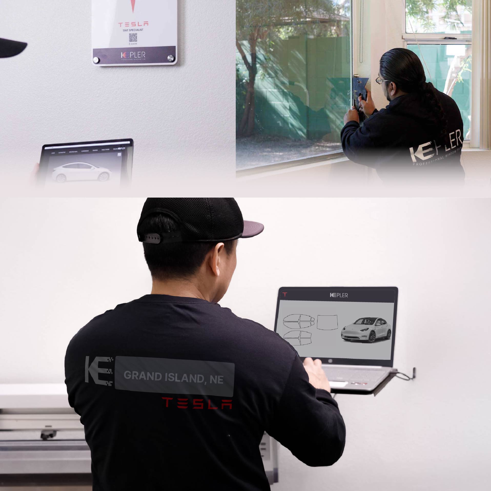 Kepler Technician Installing Ceramic Window Tint to Tesla in Grand Island