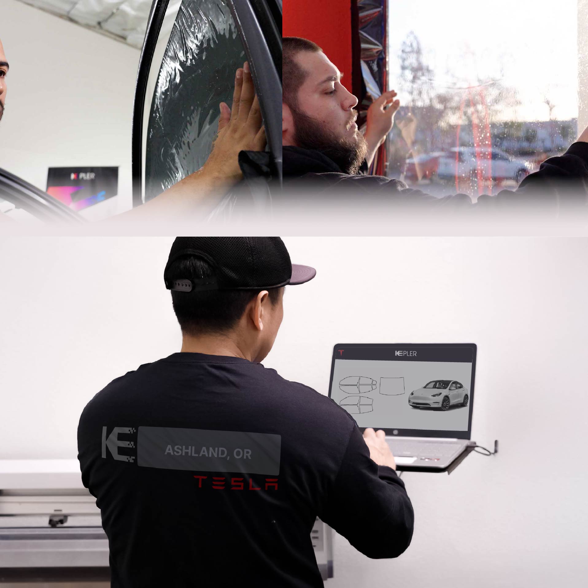Expert Technician Fitting Ceramic Window Tint to Tesla in Ashland