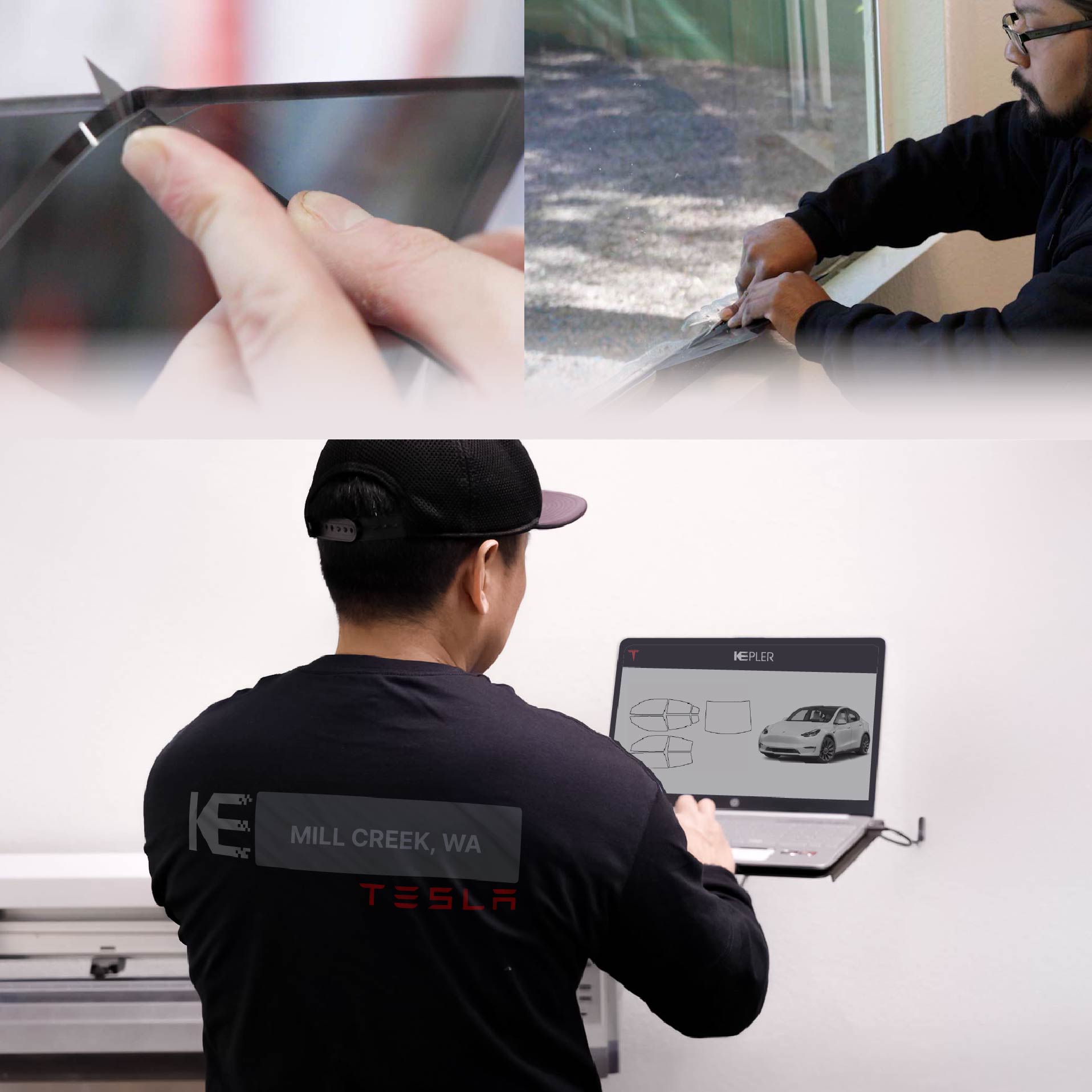Kepler Technician Fitting High-tech Window Tint to Tesla in Mill Creek