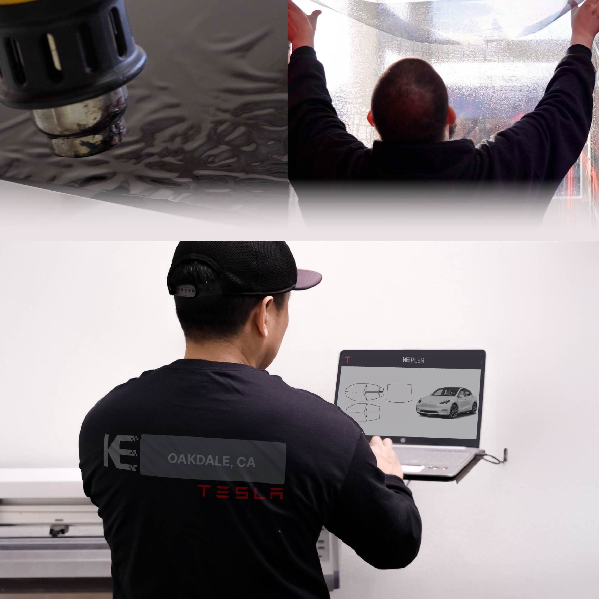Kepler Technician Applying Ceramic Window Tint to Tesla in Oakdale