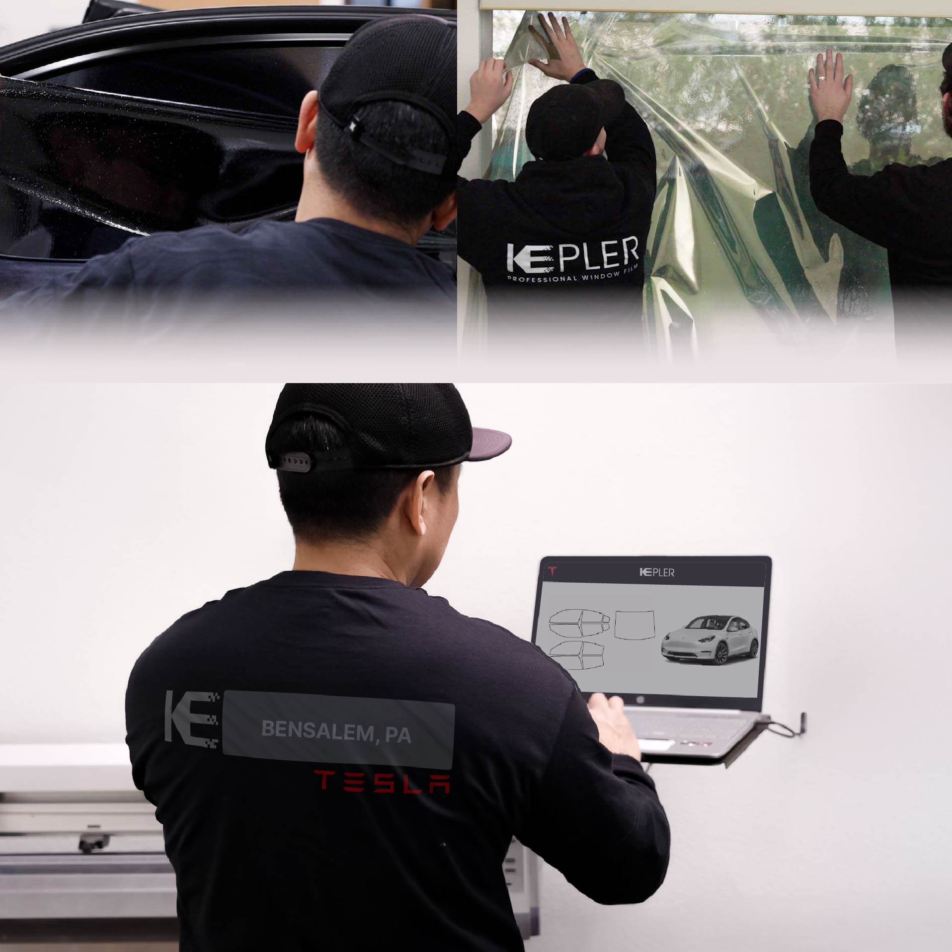 Kepler Technician Installing Advanced Window Tint to Tesla in Bensalem