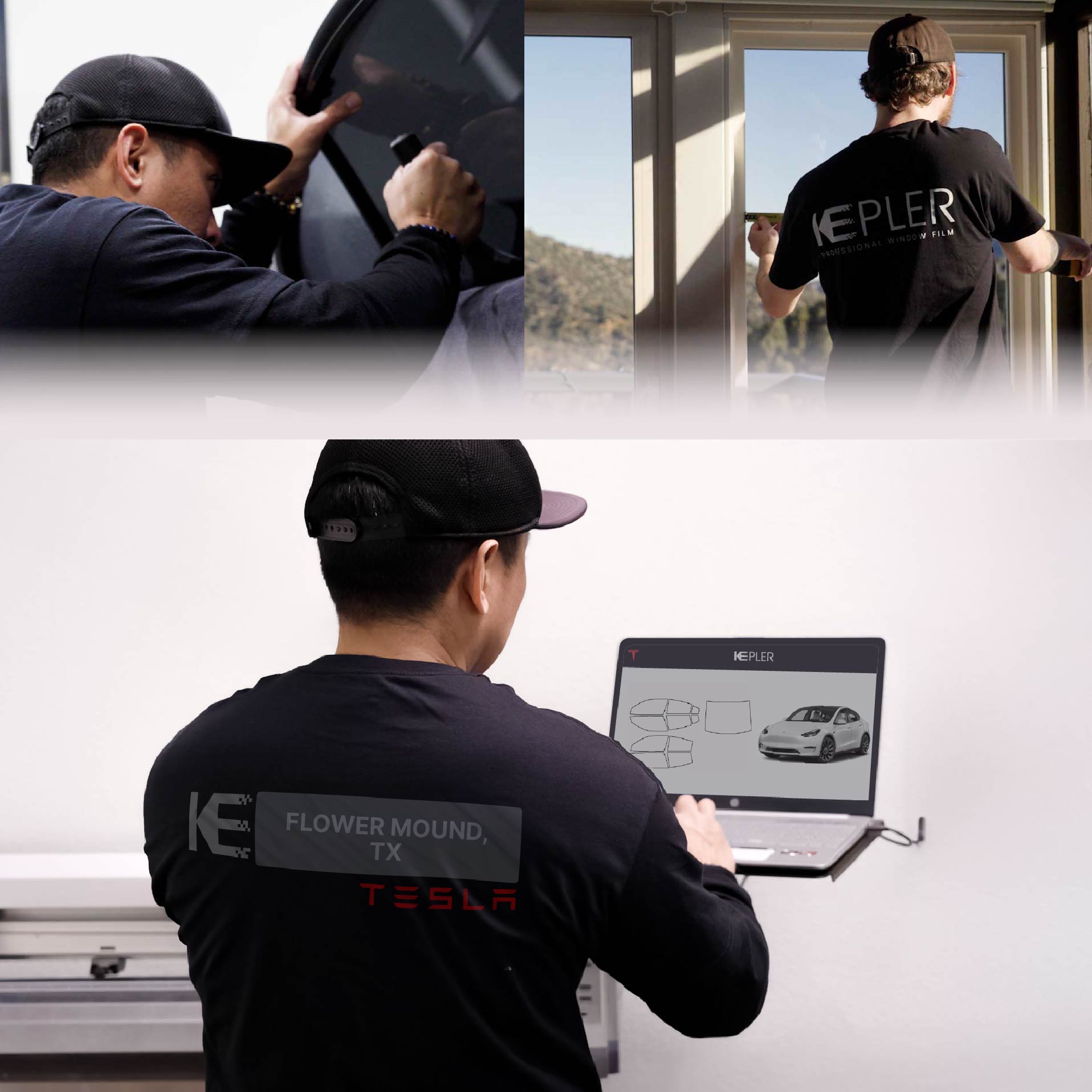 Expert Technician Installing Advanced Window Tint to Tesla in Flower Mound