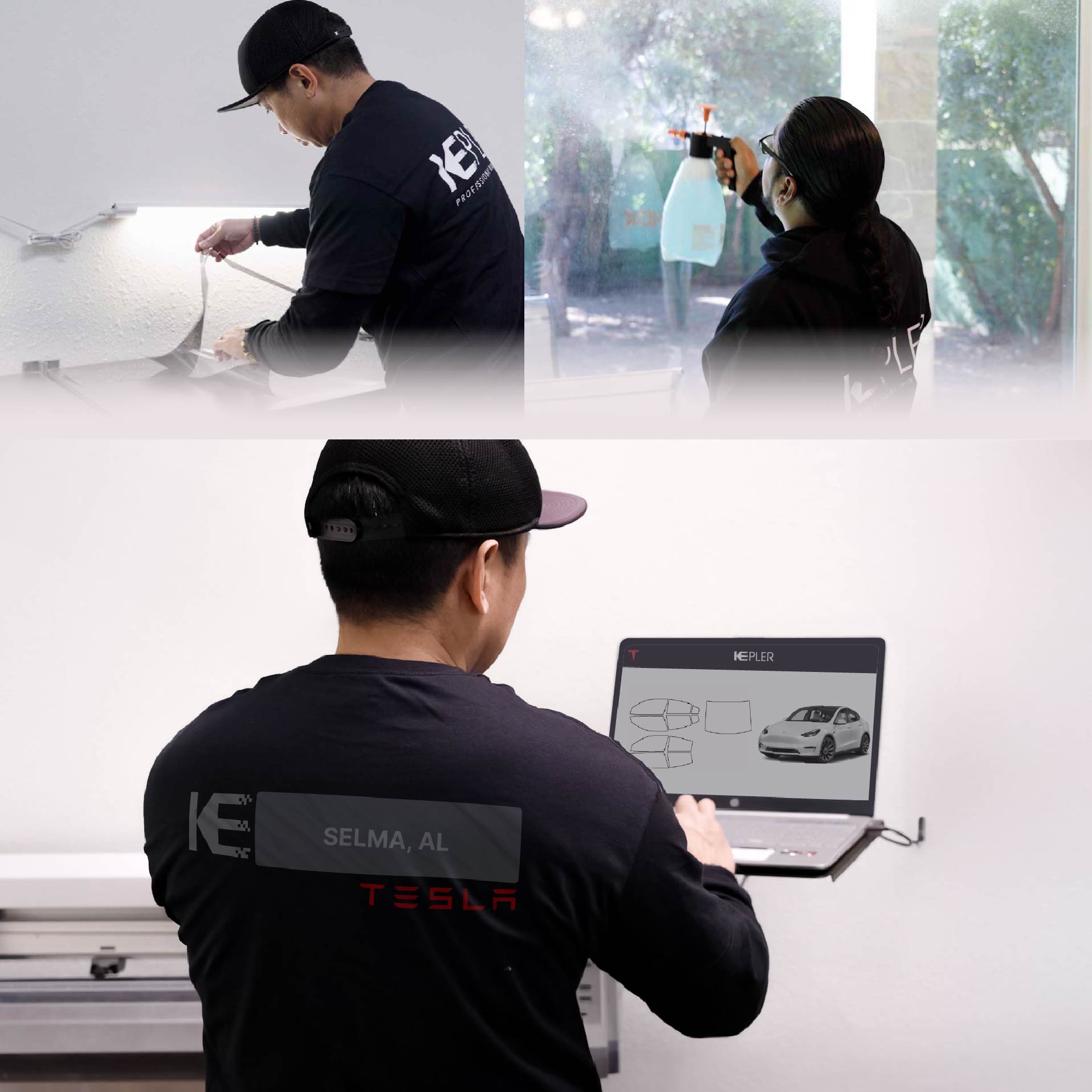 Expert Technician Installing Advanced Window Tint to Tesla in Selma