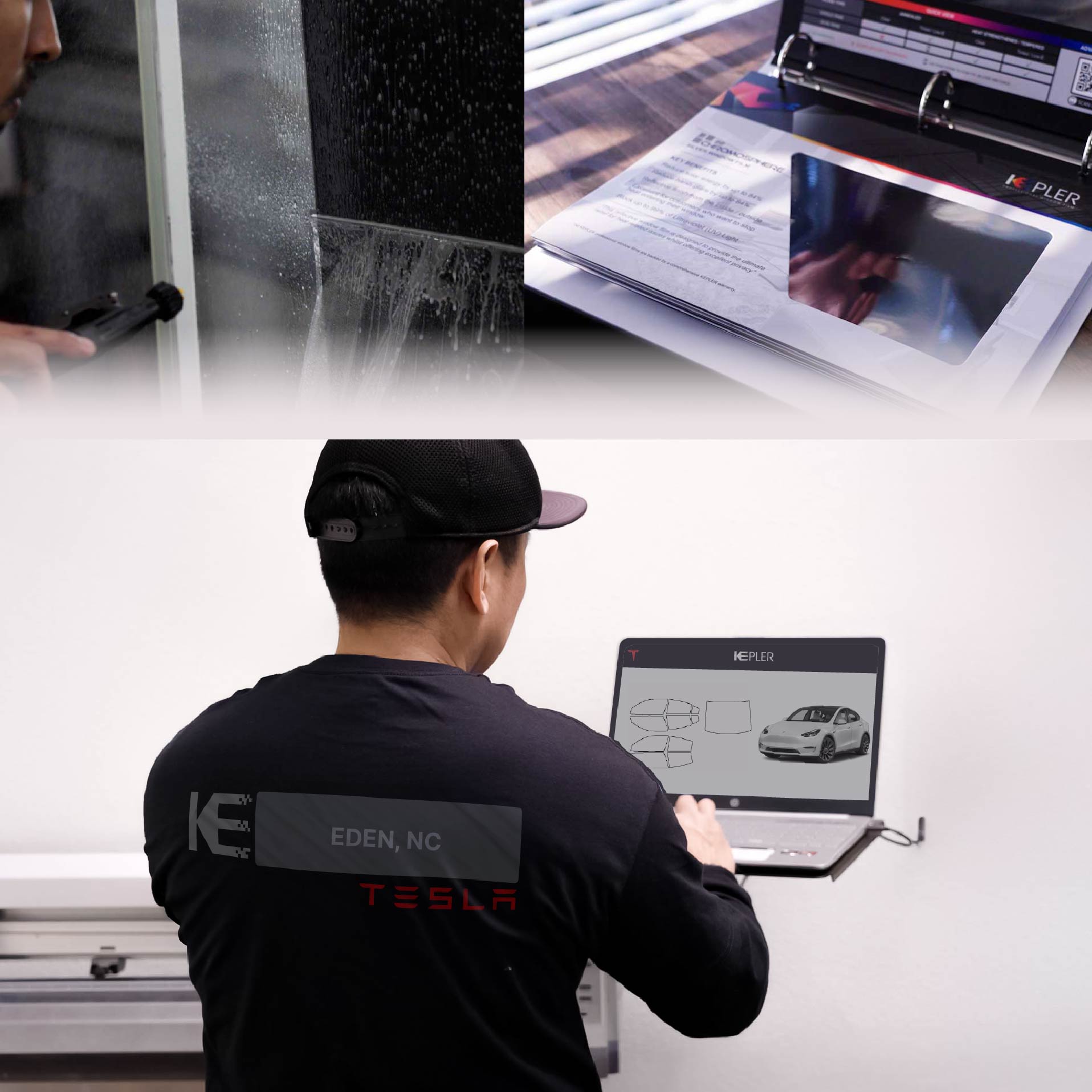 Expert Technician Fitting Ceramic Window Tint to Tesla in Eden