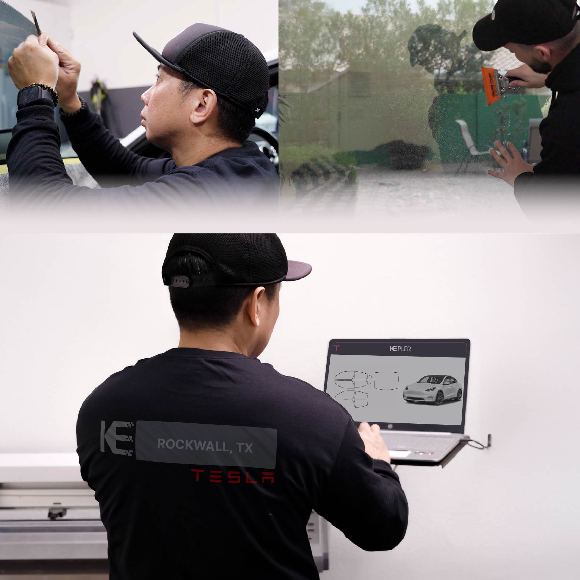 Kepler Technician Fitting Advanced Window Tint to Tesla in Rockwall
