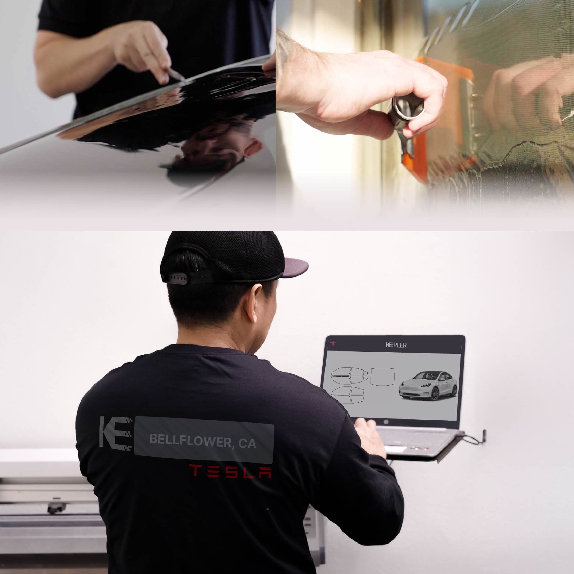 Kepler Technician Fitting High-tech Window Tint to Tesla in Bellflower