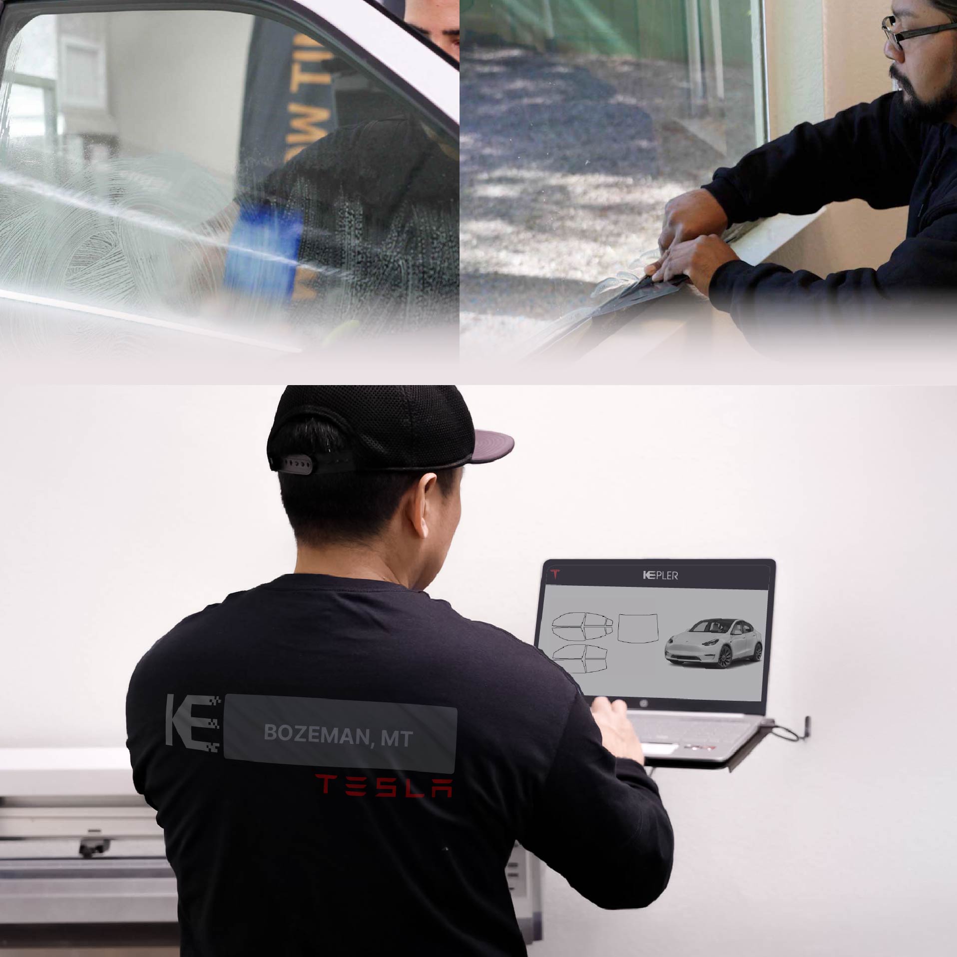 Expert Technician Applying High-tech Window Tint to Tesla in Bozeman