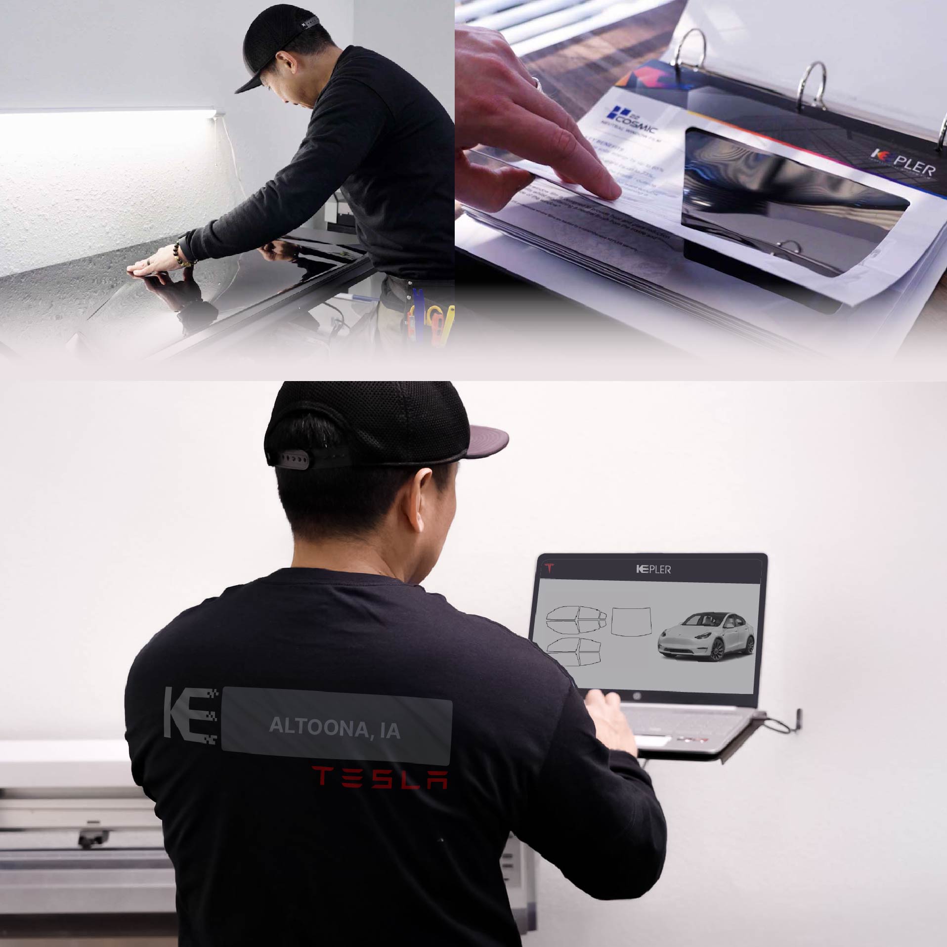 Kepler Technician Applying High-tech Window Tint to Tesla in Altoona