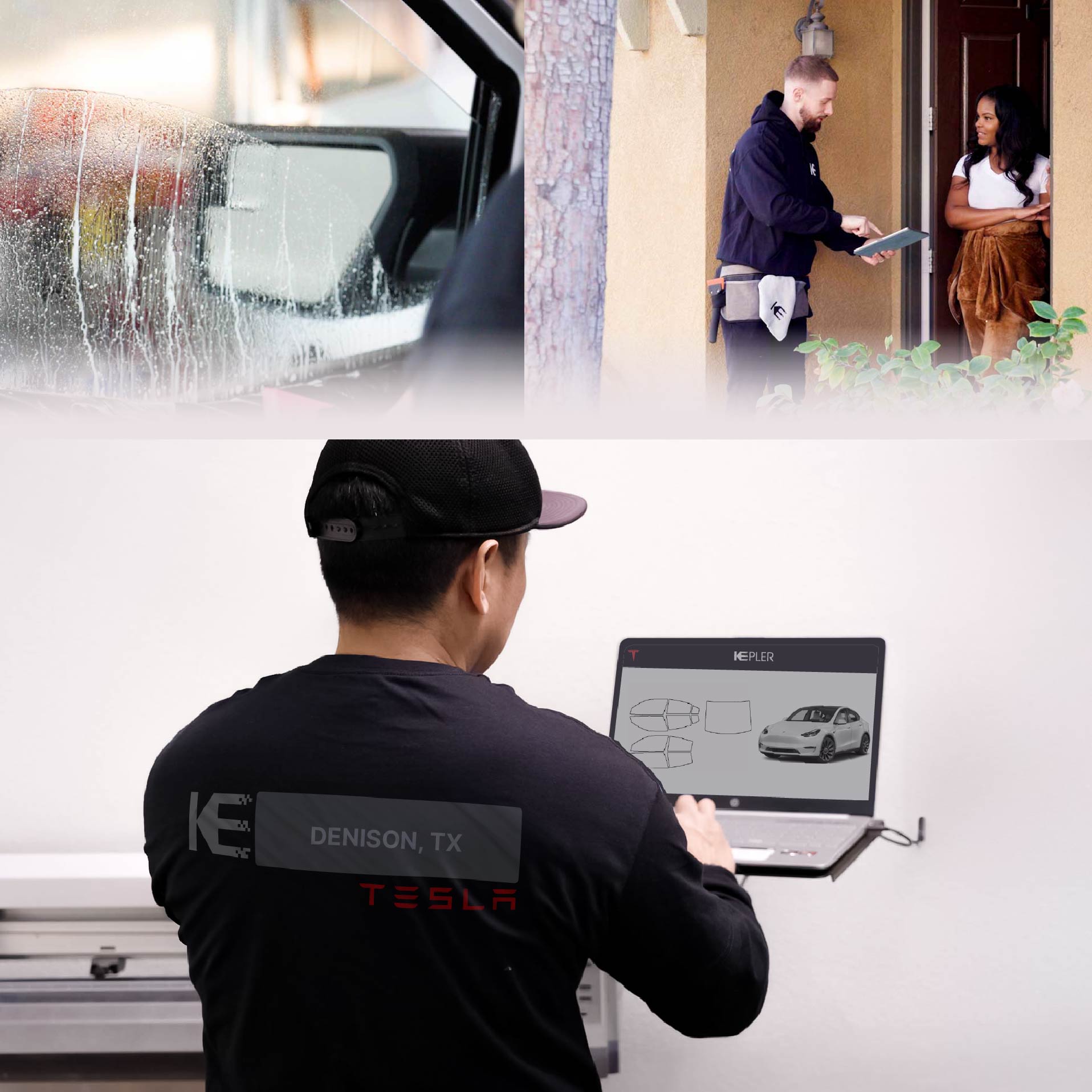 Expert Technician Applying Advanced Window Tint to Tesla in Denison