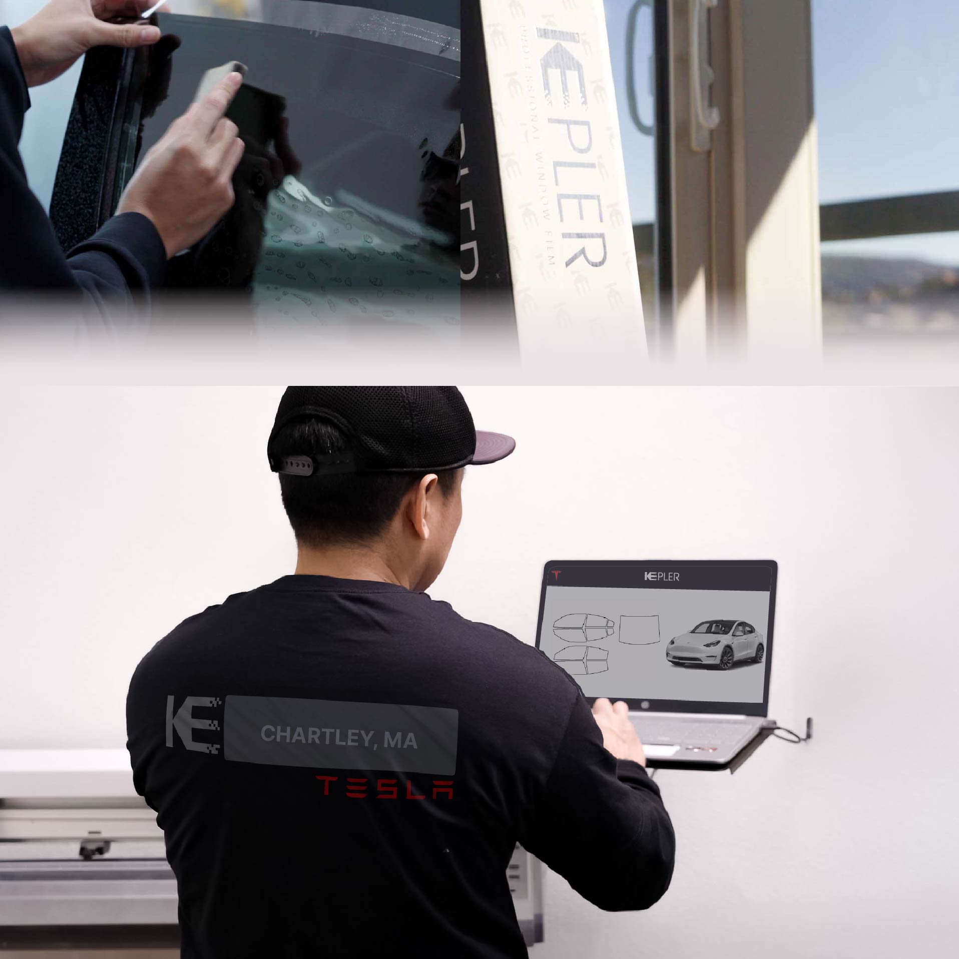 Expert Technician Fitting Advanced Window Tint to Tesla in Chartley