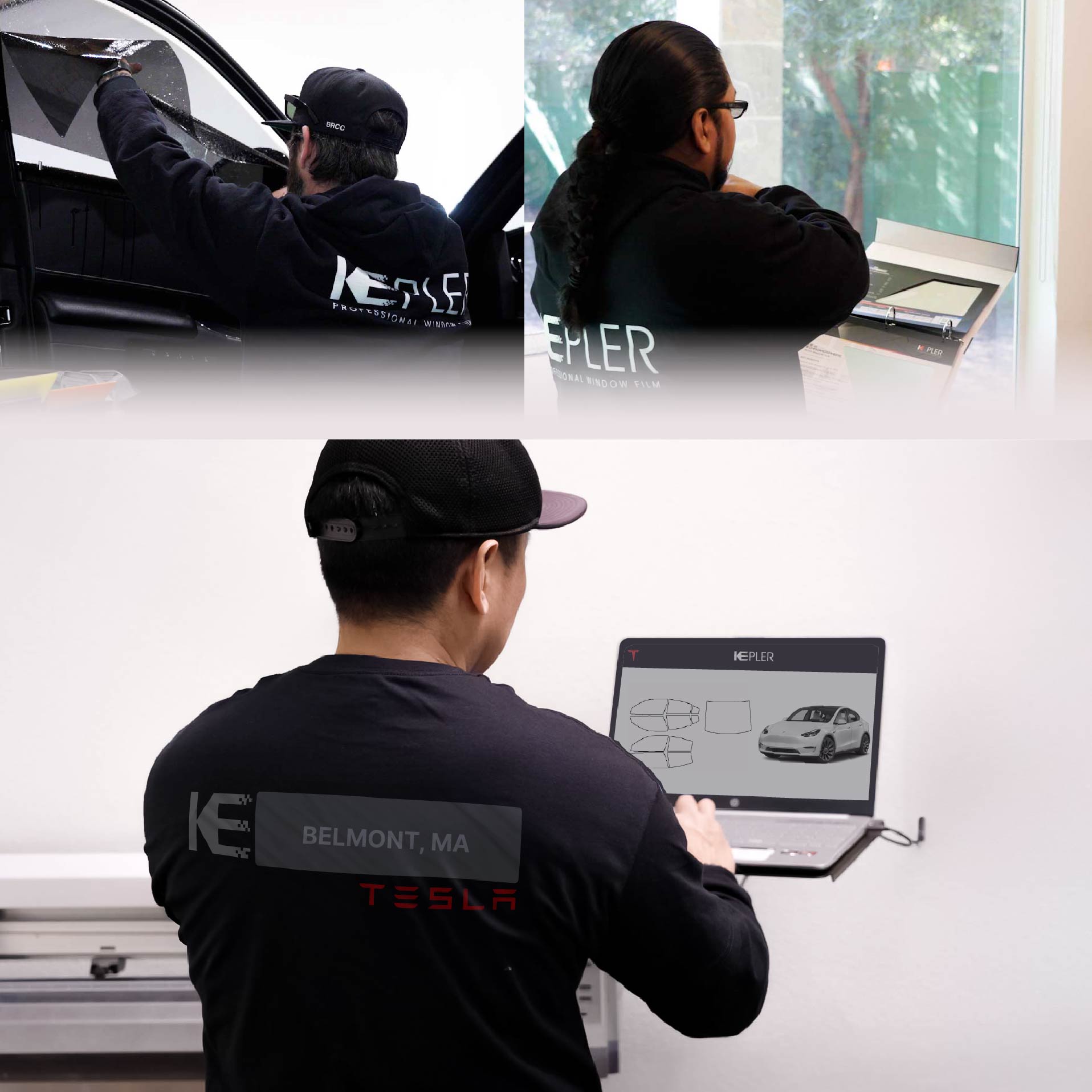 Kepler Technician Fitting Ceramic Window Tint to Tesla in Belmont