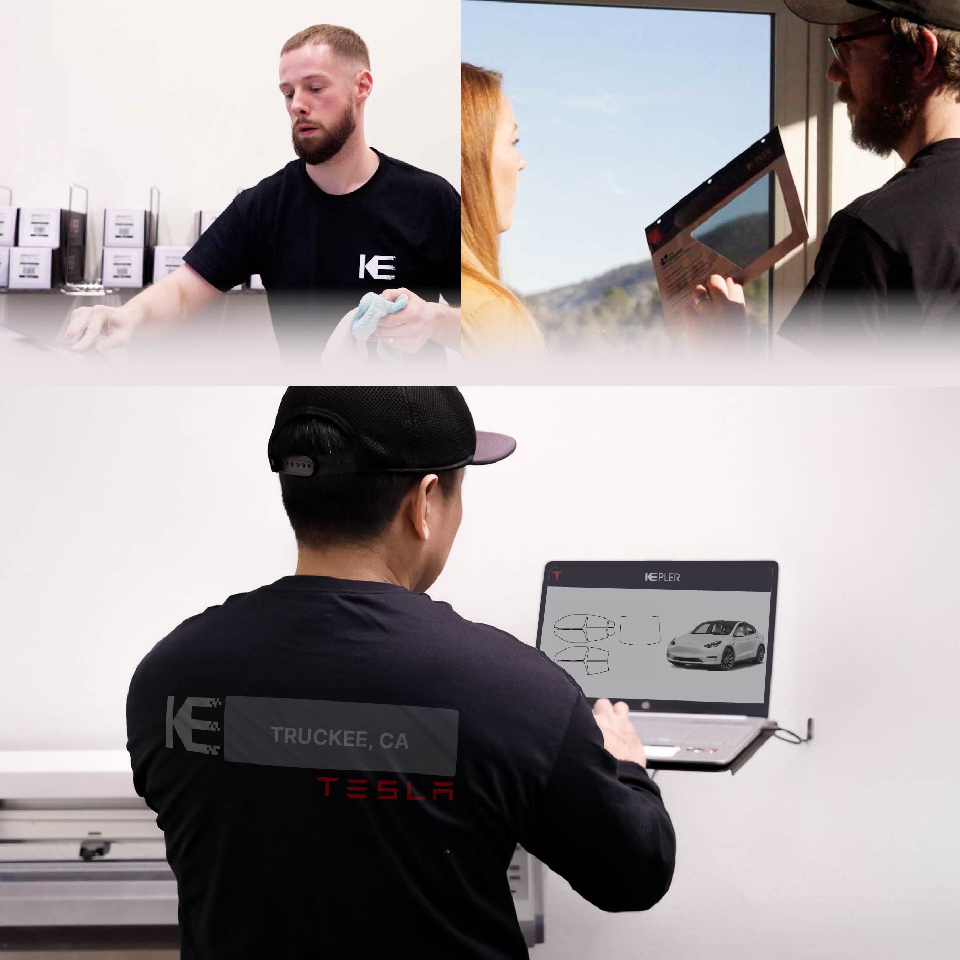 Kepler Technician Fitting Ceramic Window Tint to Tesla in Truckee