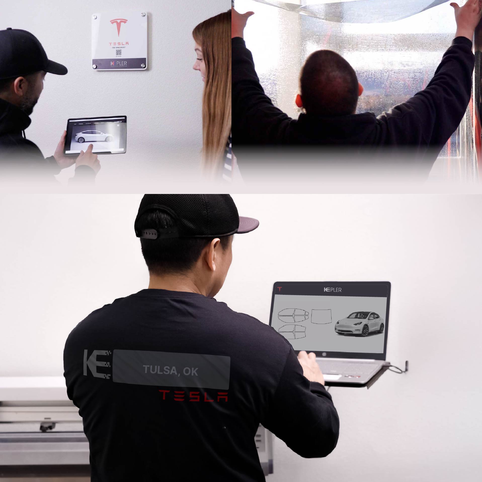 Kepler Technician Fitting Ceramic Window Tint to Tesla in Tulsa