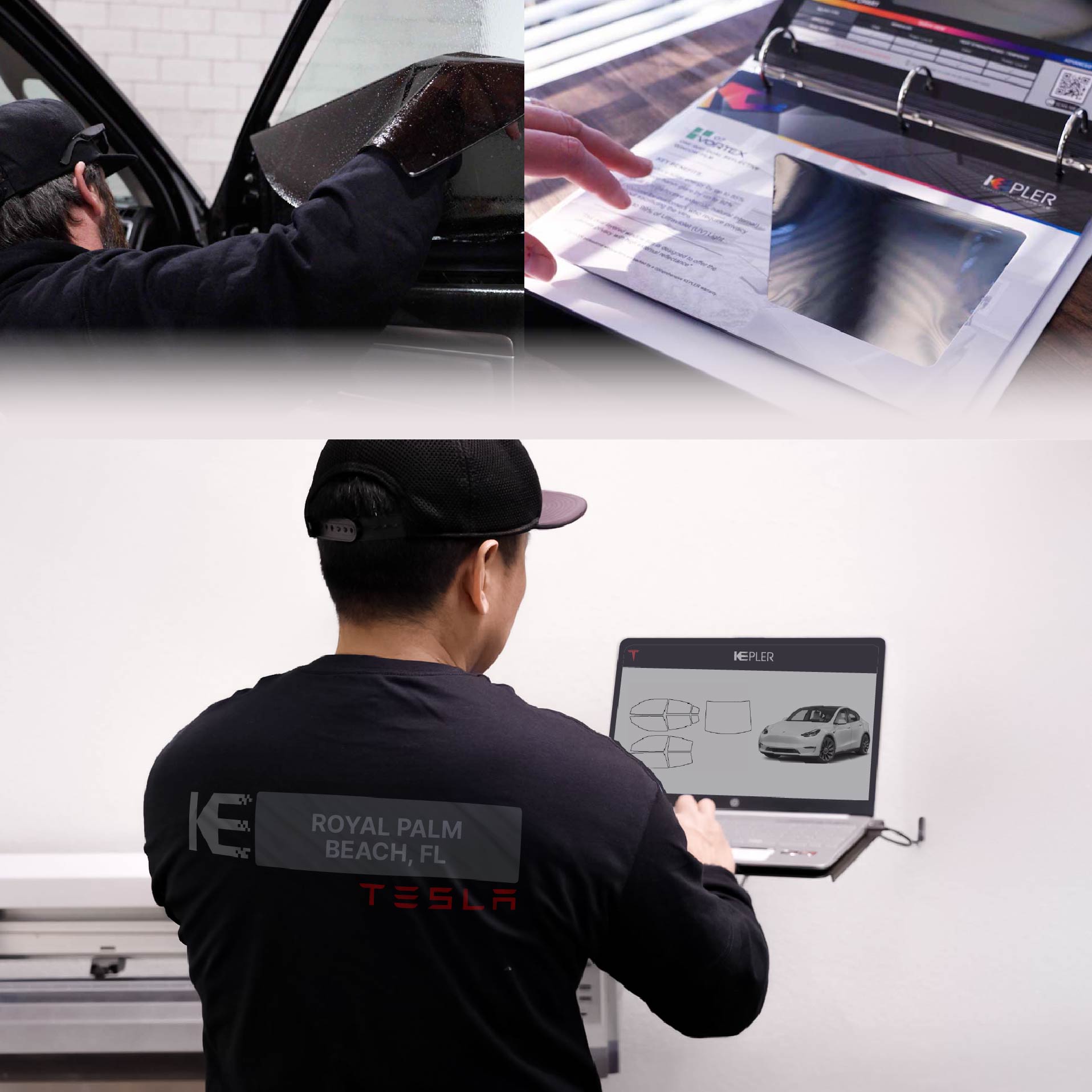 Kepler Technician Fitting Ceramic Window Tint to Tesla in Royal Palm Beach
