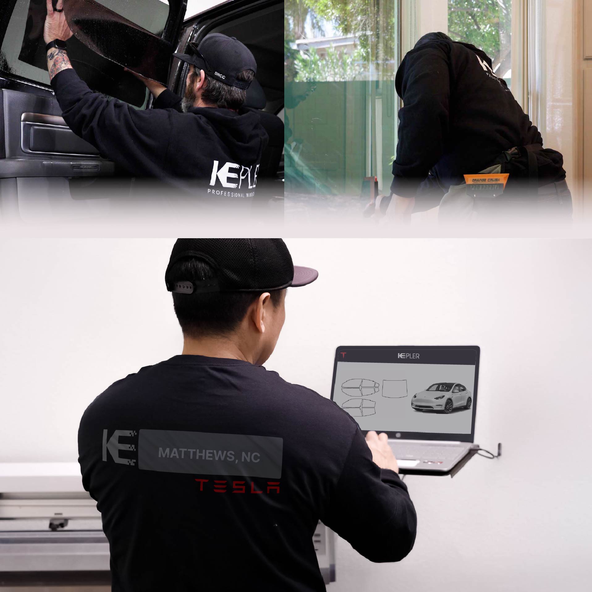 Expert Technician Installing Advanced Window Tint to Tesla in Matthews
