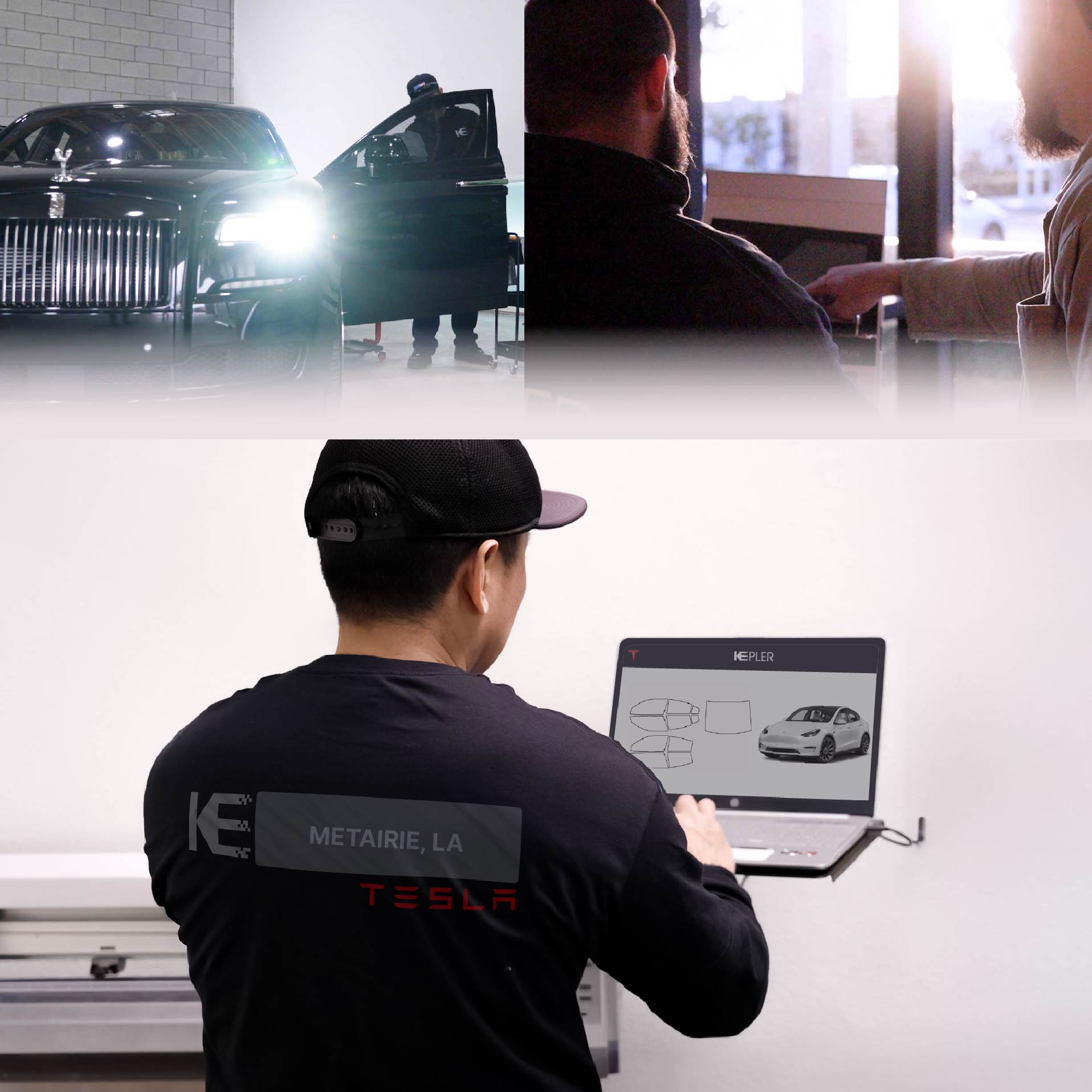Kepler Technician Applying High-tech Window Tint to Tesla in Metairie