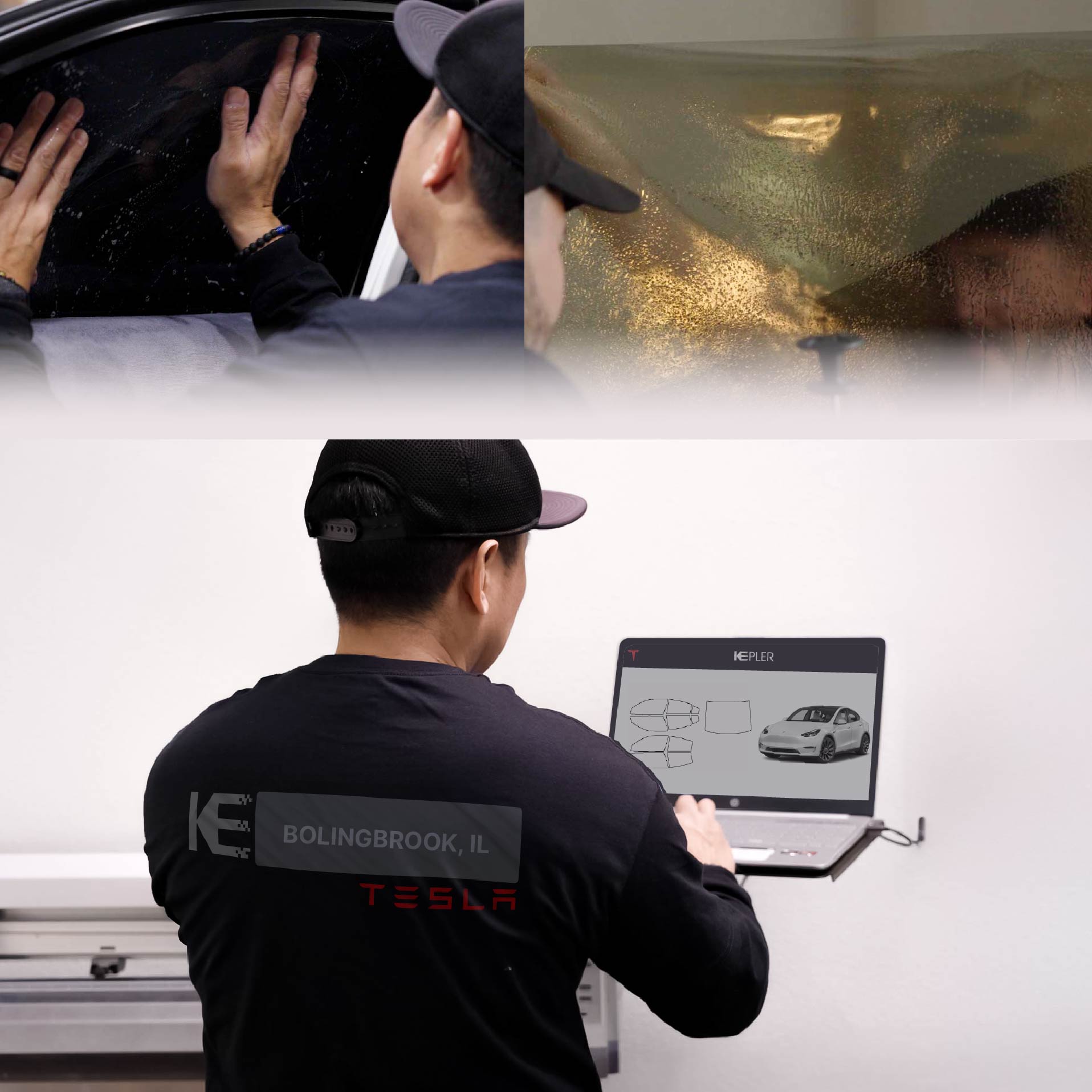 Expert Technician Fitting High-tech Window Tint to Tesla in Bolingbrook