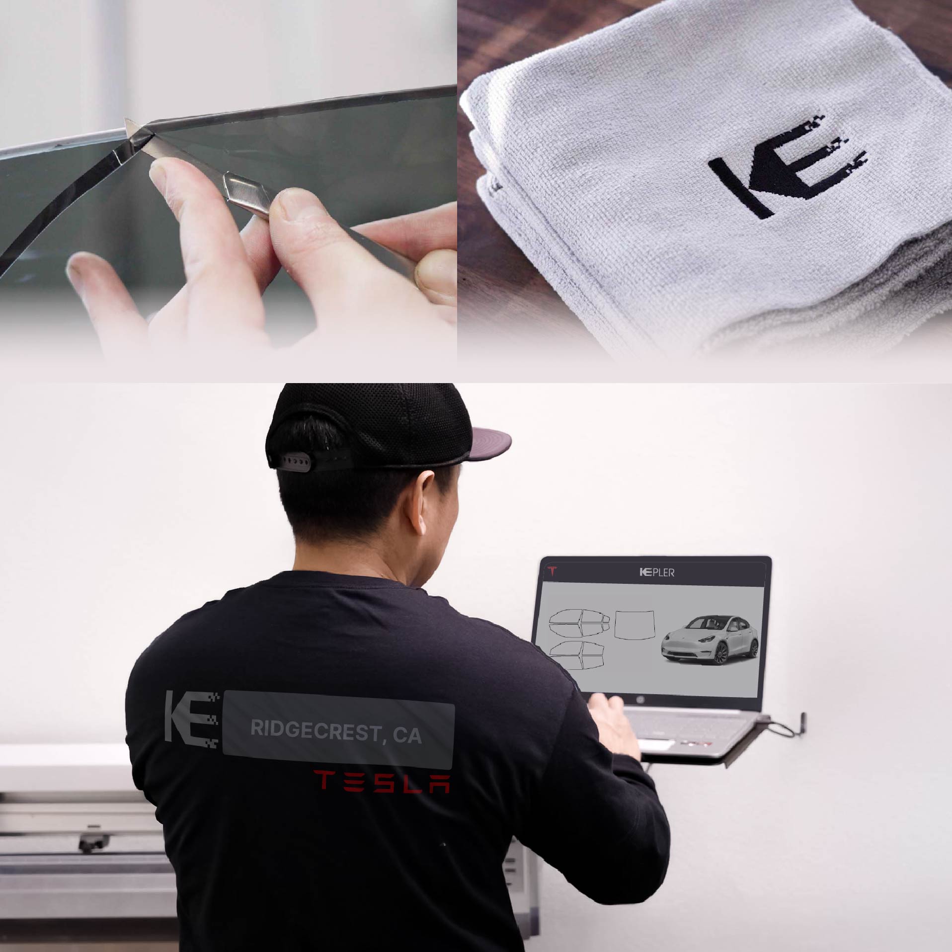 Kepler Technician Installing High-tech Window Tint to Tesla in Ridgecrest