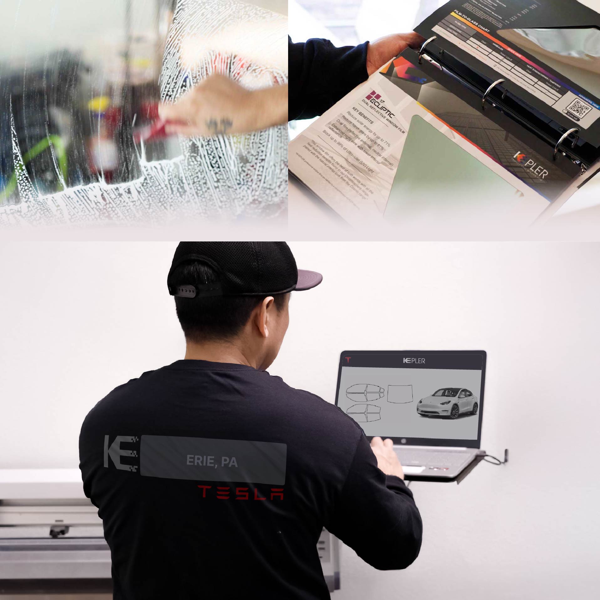 Kepler Technician Fitting High-tech Window Tint to Tesla in Erie